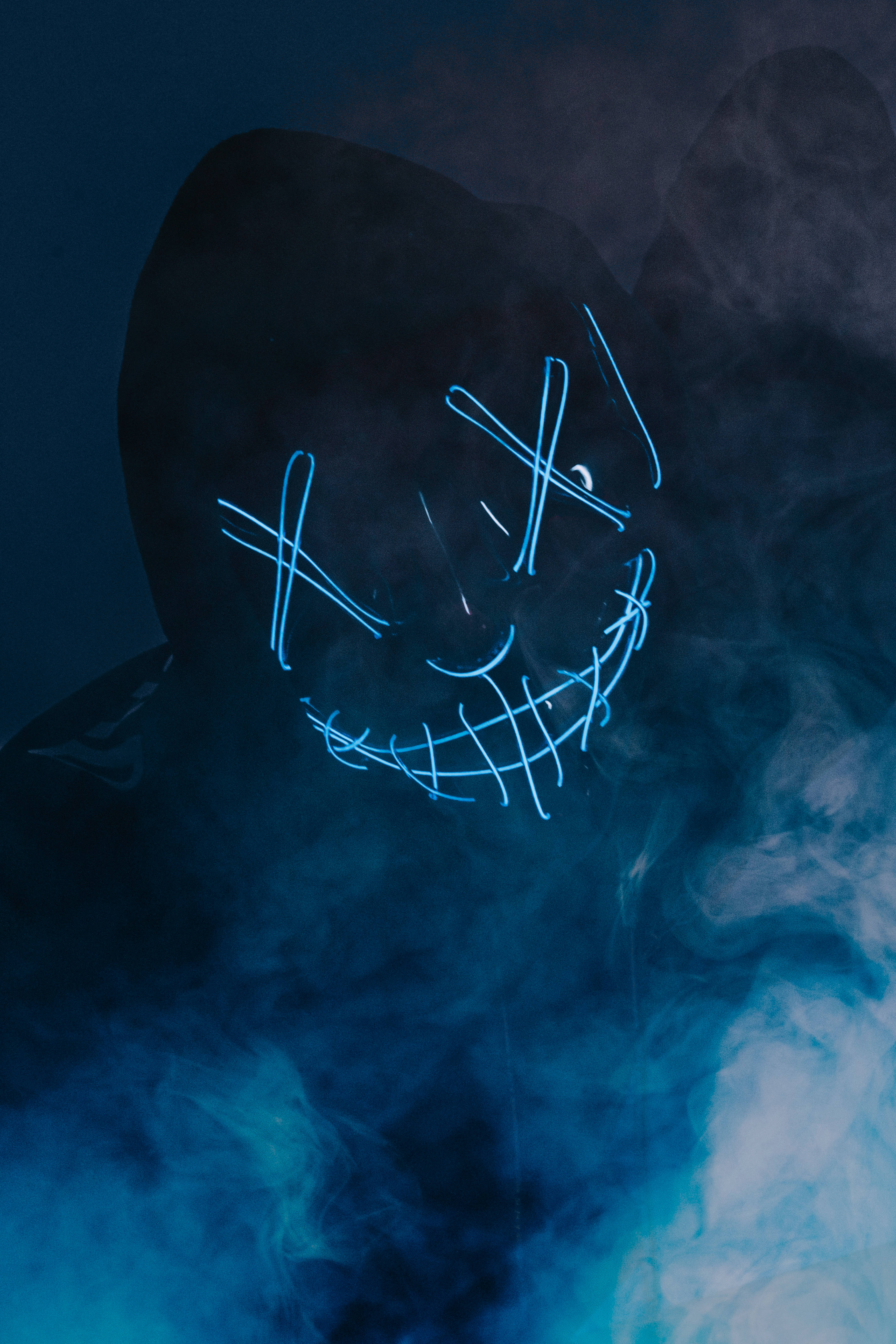 hooded mask person, glowing blue LED mask, X eyes, 5K Phone Wallpaper