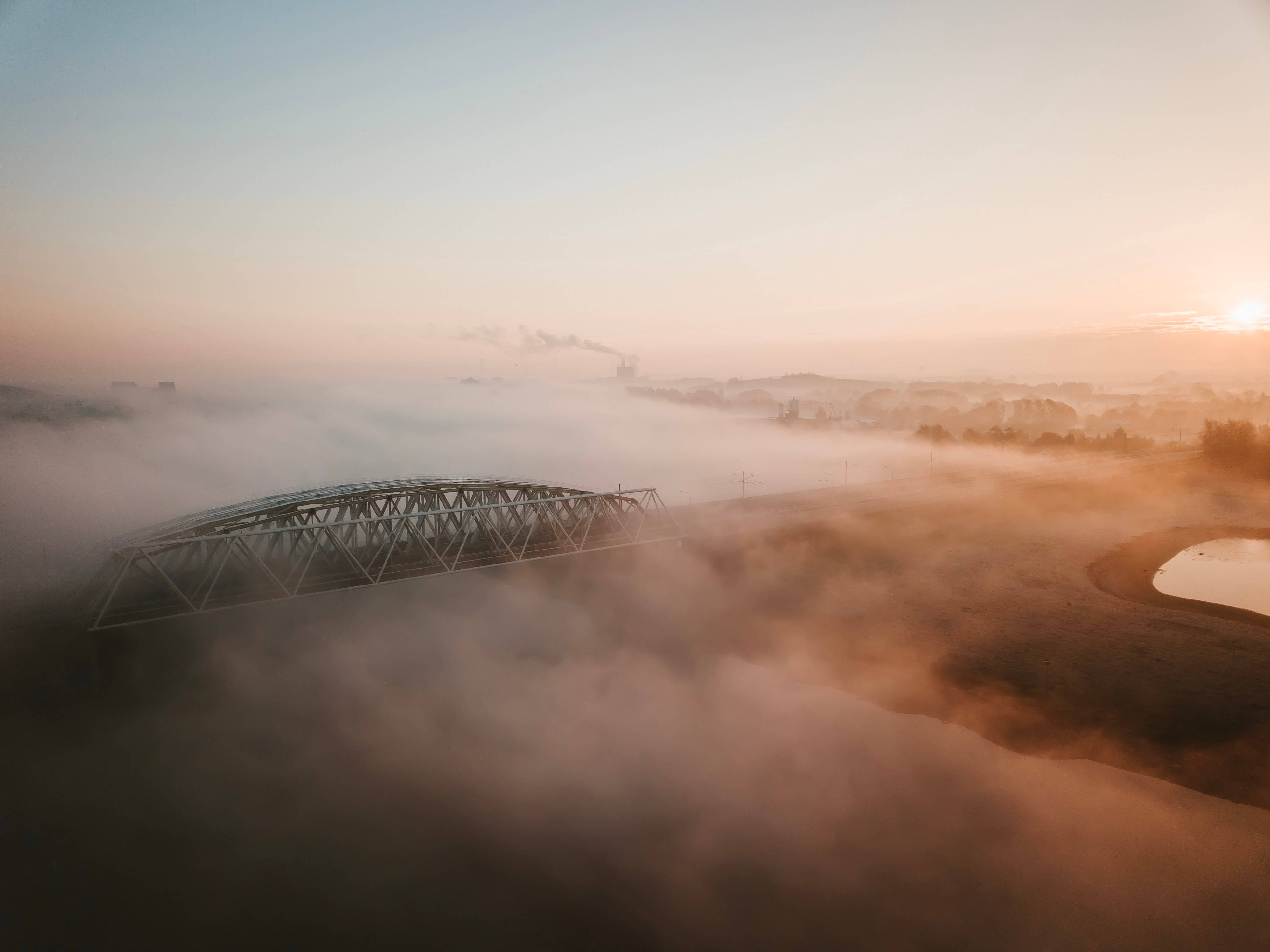 aerial bridge shot, smoke hd, golden morning fog, 4K Desktop Wallpaper