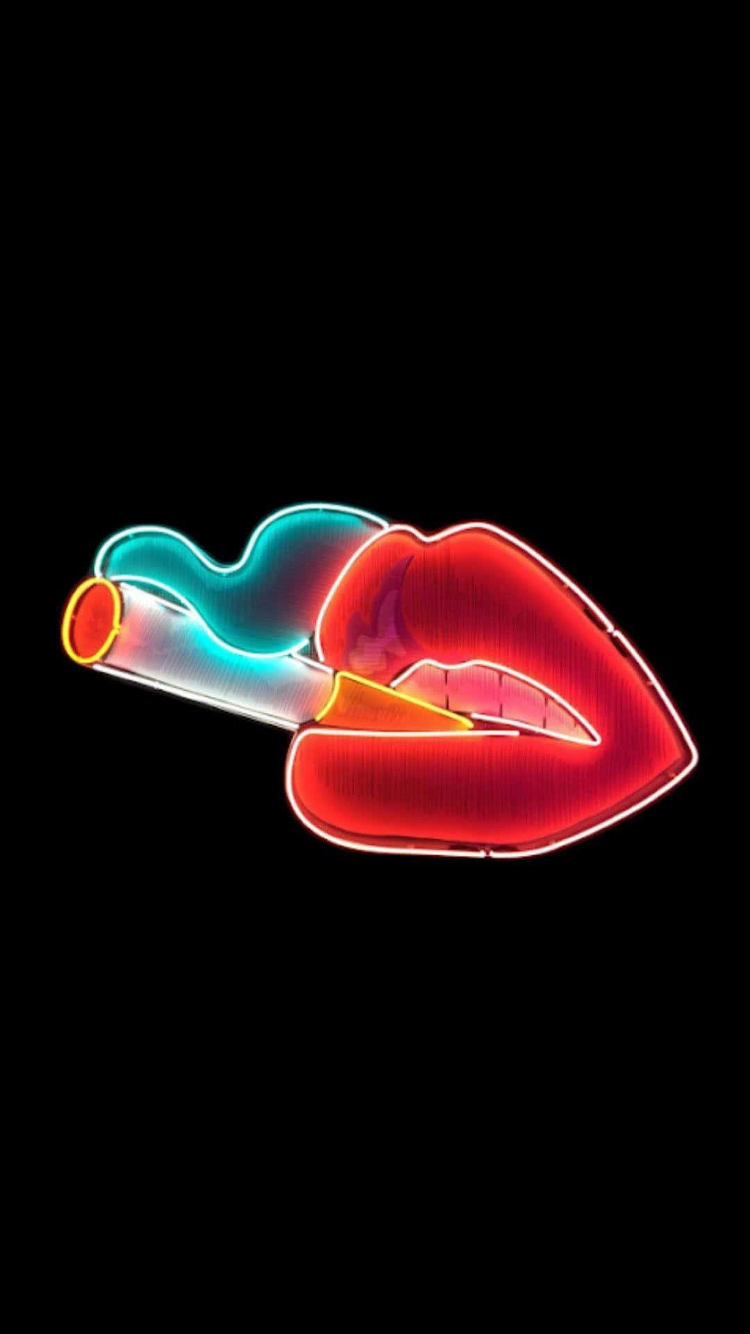 neon lips, red and blue smoke, cigarette, Full HD Phone Wallpaper