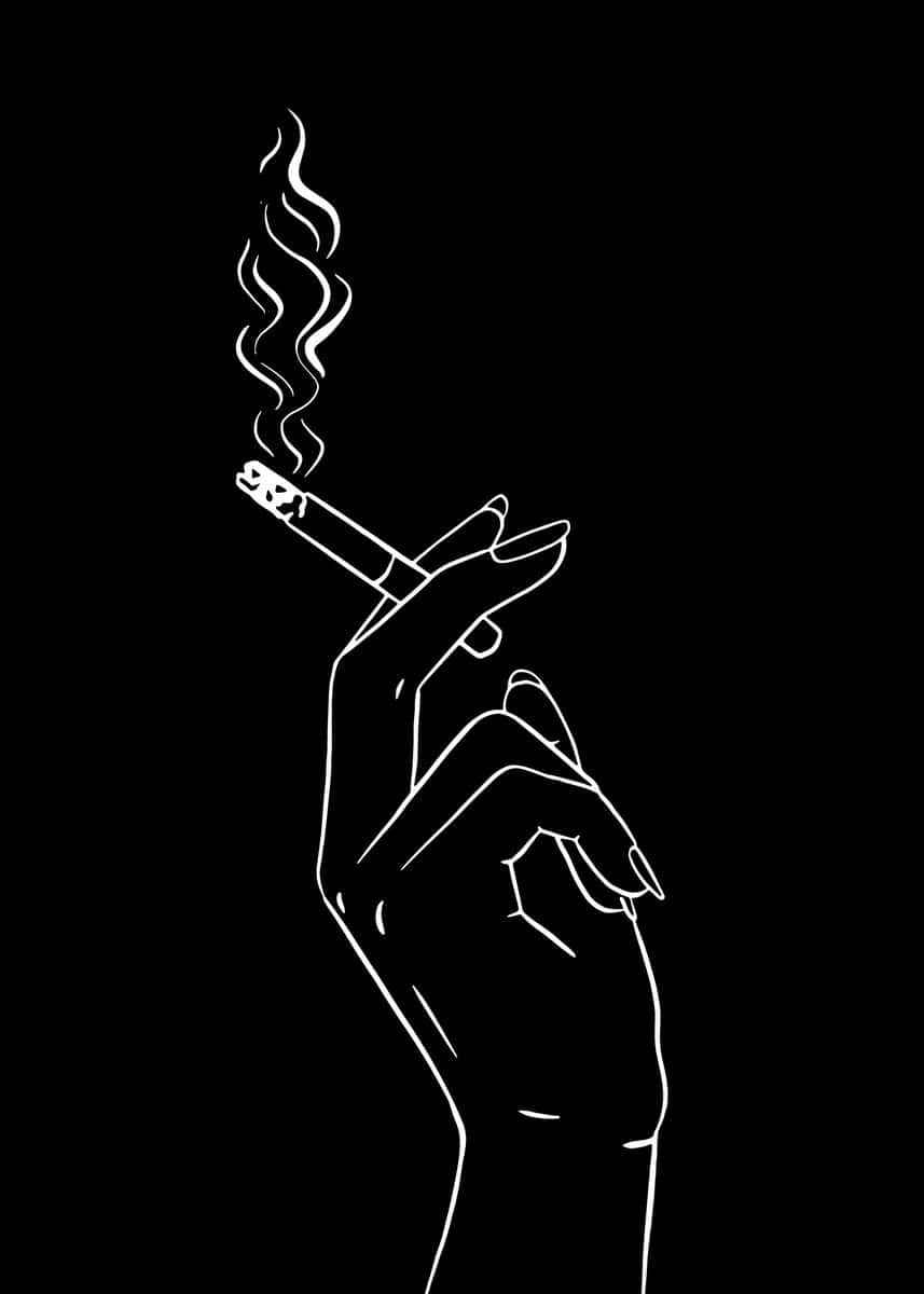 smoke tumblr, minimalist white line drawing, hand holding a smoking cigarette, SD Phone Wallpaper