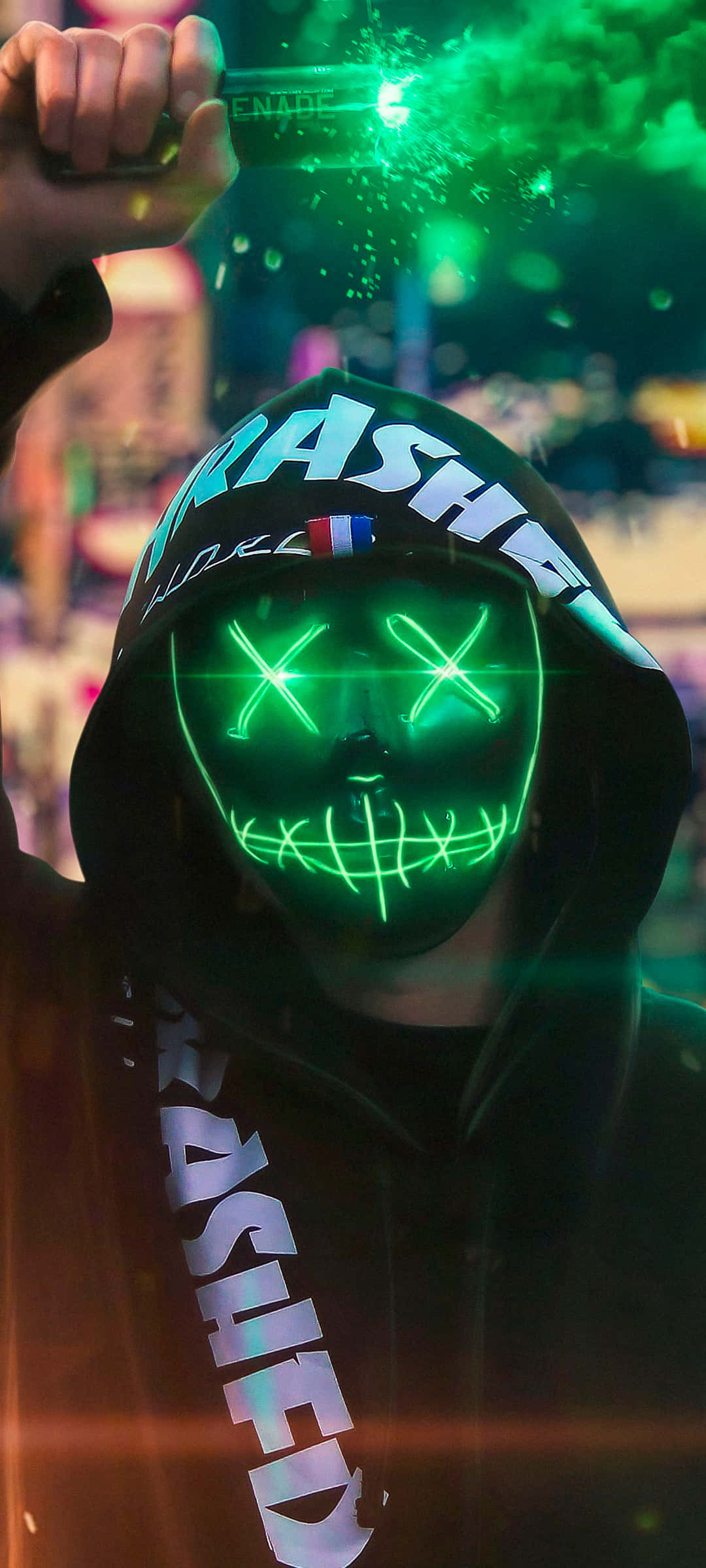 green smoke, glowing green skull mask, black hoodie, Full HD Phone Wallpaper