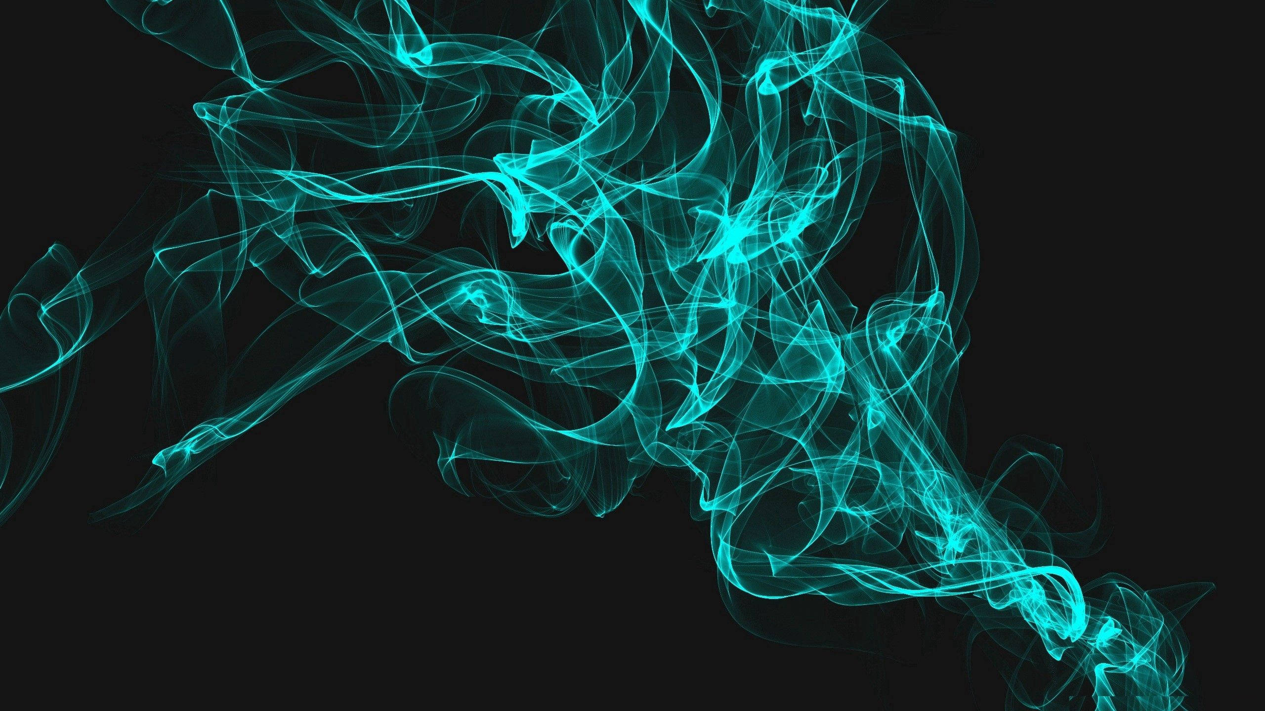 blue green smoke, turquoise smoke, stark black background, 2K Desktop Wallpaper