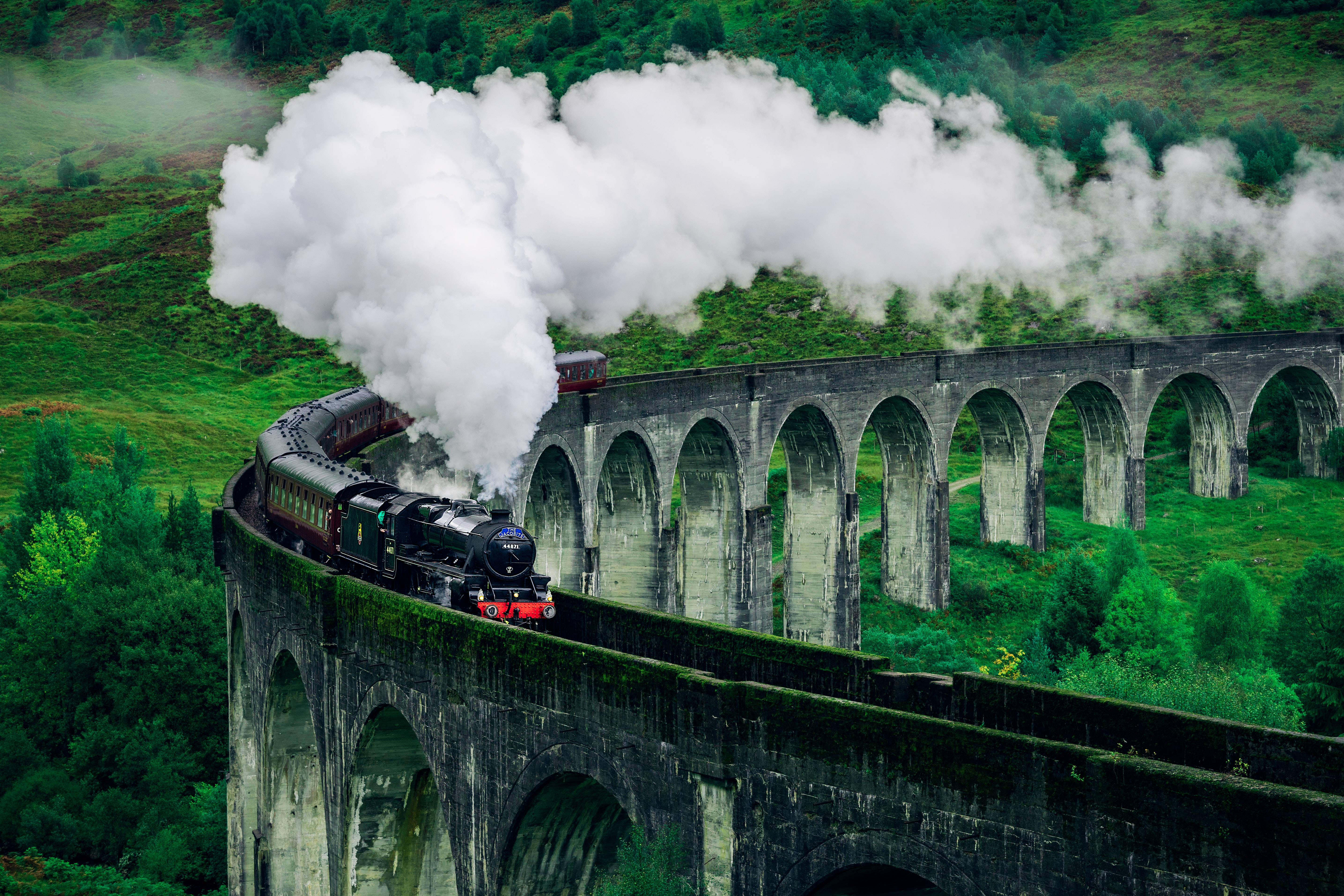 steam train, stone viaduct, lush green hills, 5K Desktop Wallpaper