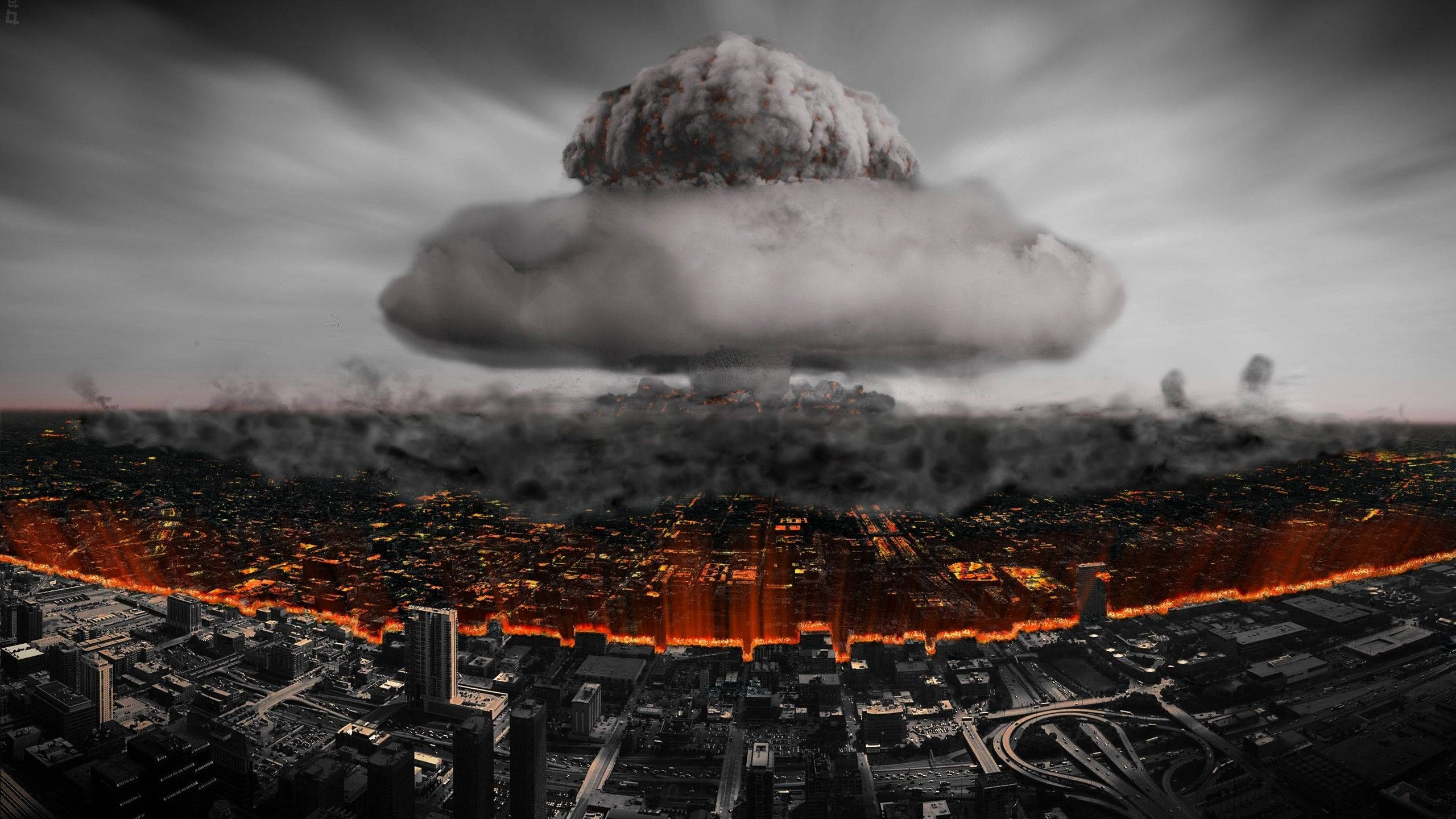 mushroom cloud, burning cityscape, dusk, 2K Desktop Wallpaper