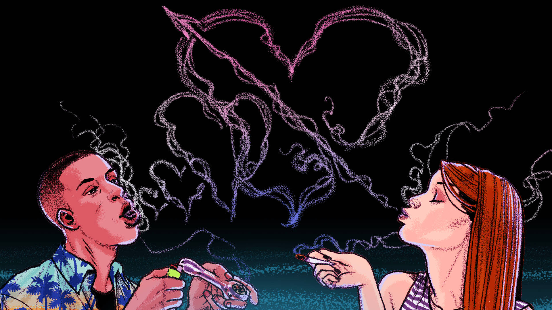 couple, smoking blunt, exhaling smoke, Full HD Desktop Wallpaper