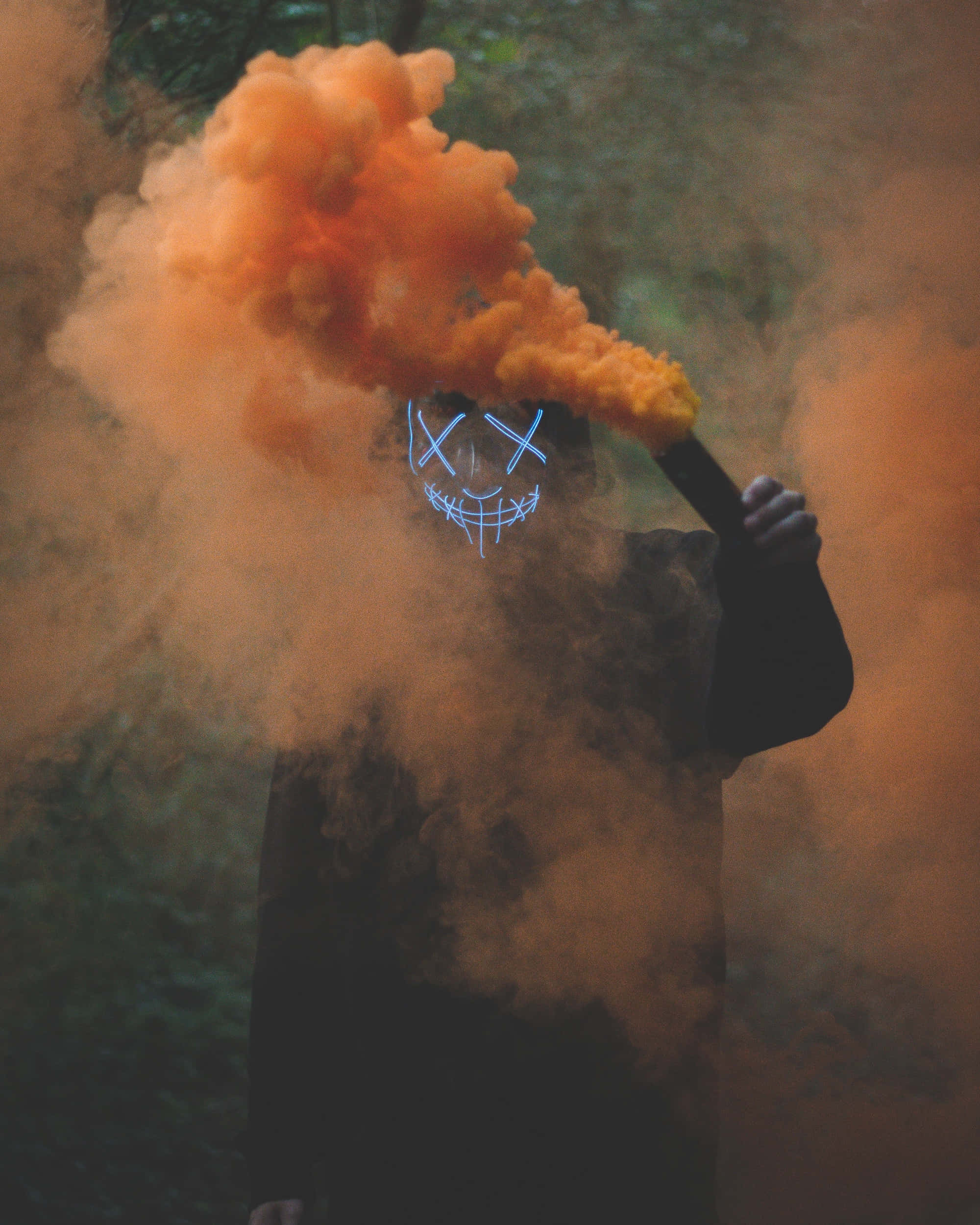 glowing blue skull mask, orange smoke flare, misty forest, Full HD Phone Wallpaper
