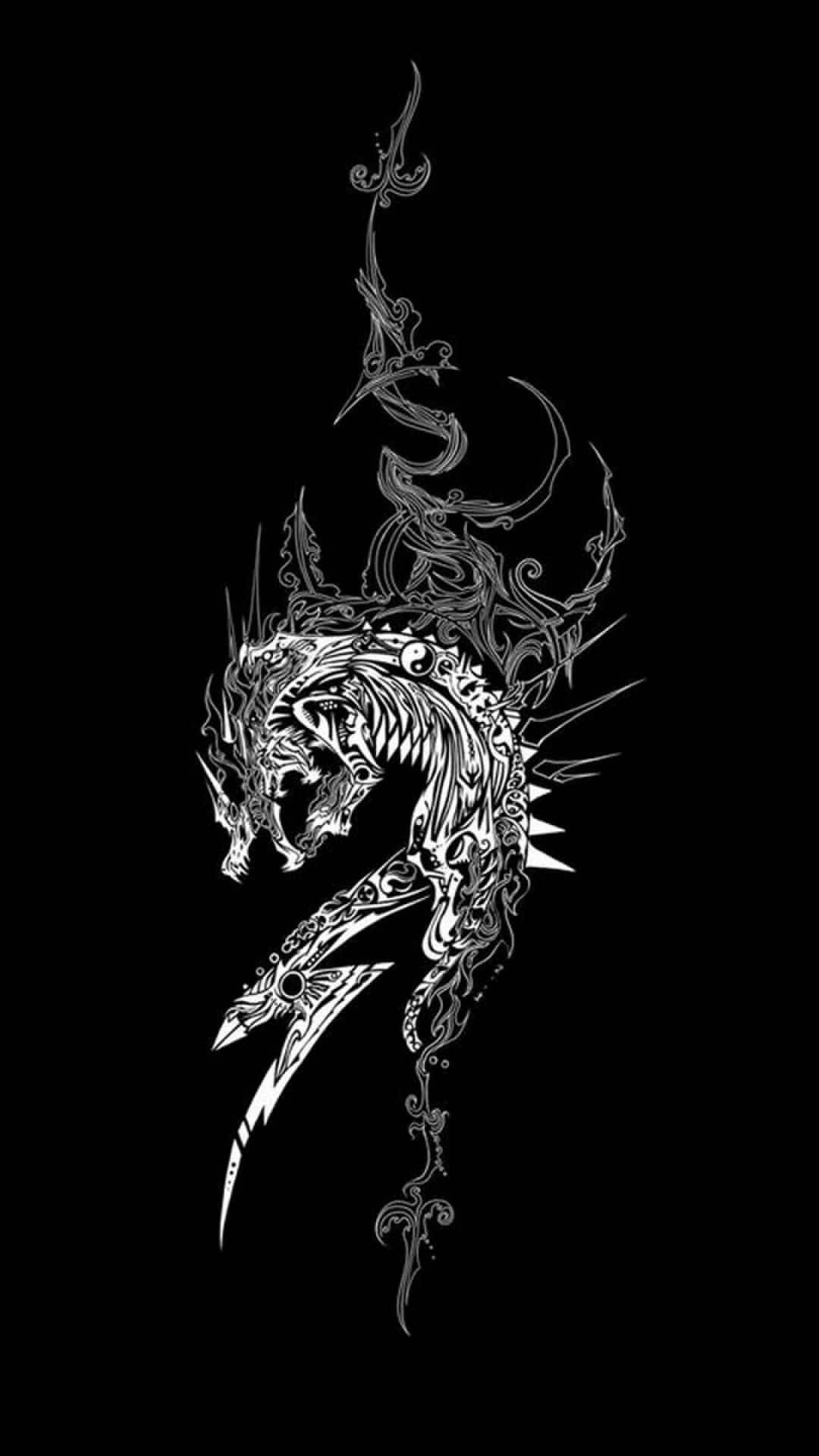 black and white dragon, tribal dragon, ornate patterns, Full HD Phone Wallpaper