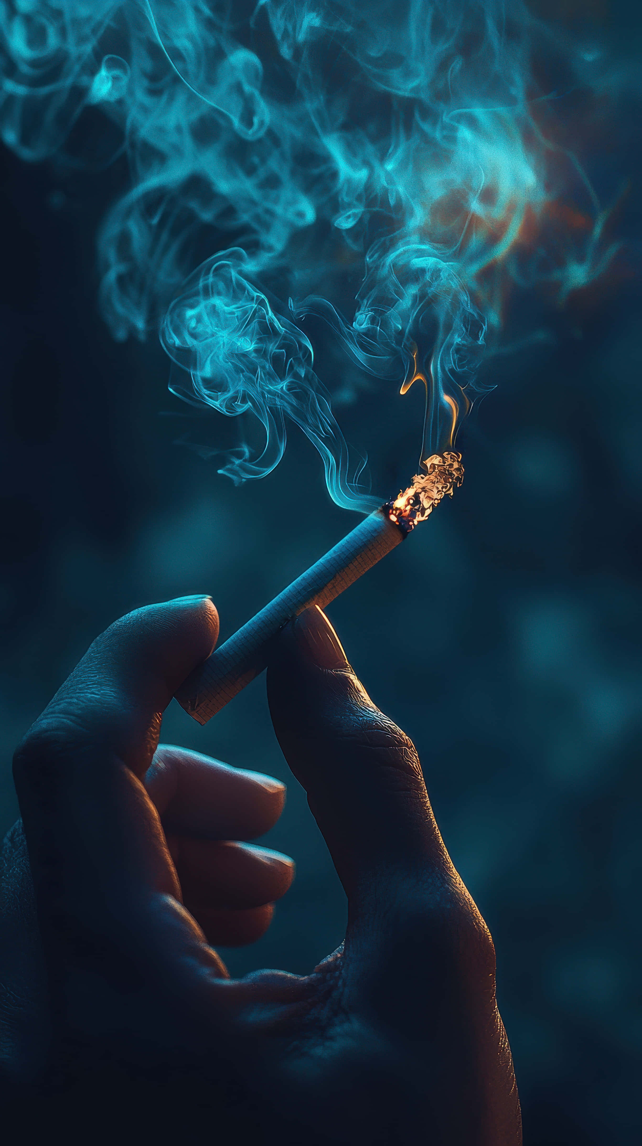 smoldering cigarette, swirling blue smoke, moody lighting, 4K Phone Wallpaper