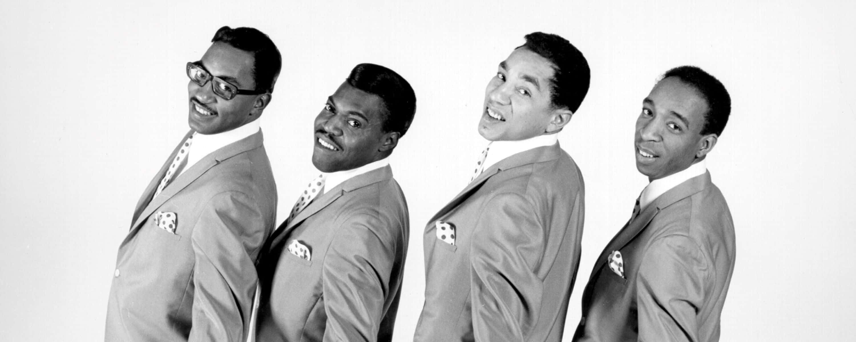 Smokey Robinson And The Miracles, matching suits, plain white background, 2K Desktop Wallpaper