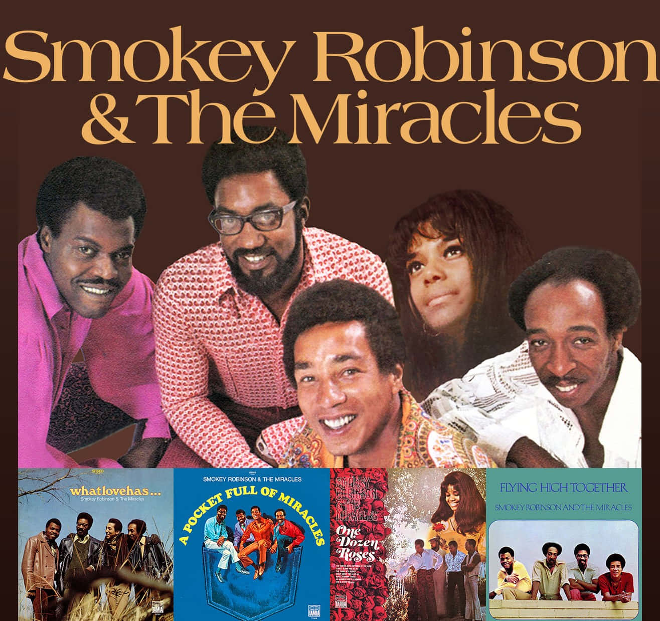 Smokey Robinson & The Miracles, vintage album cover, five smiling band members, HD Desktop Wallpaper