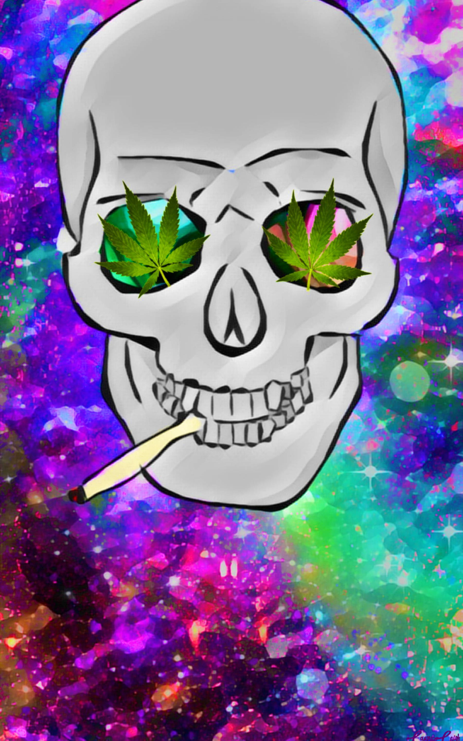 skull, cannabis leaves, joint, 2K Phone Wallpaper