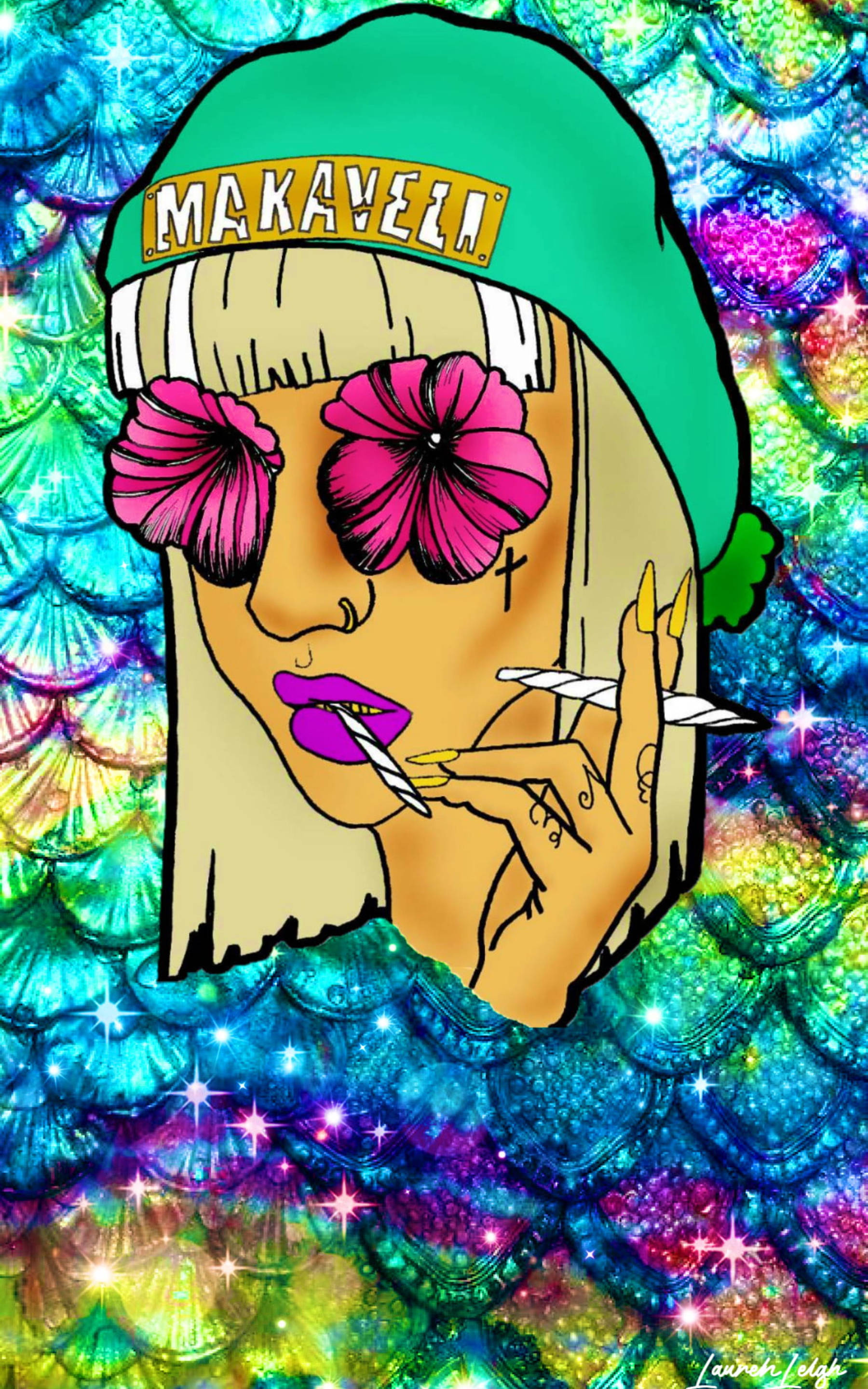 flower sunglasses, green cap, glittery mermaid-scale background, 2K Phone Wallpaper