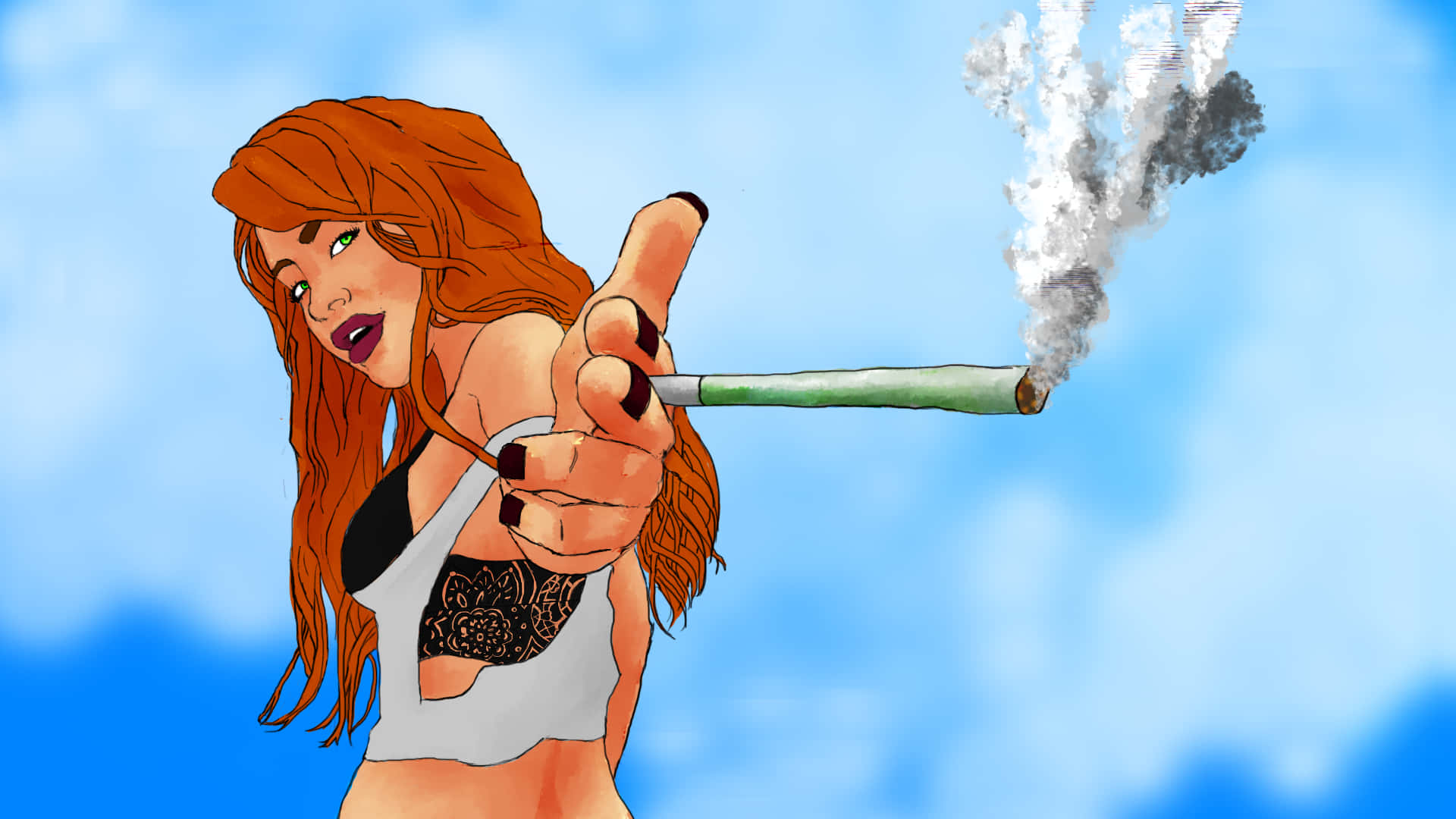 red-haired woman, white crop top, smoking joint, Full HD Desktop Wallpaper