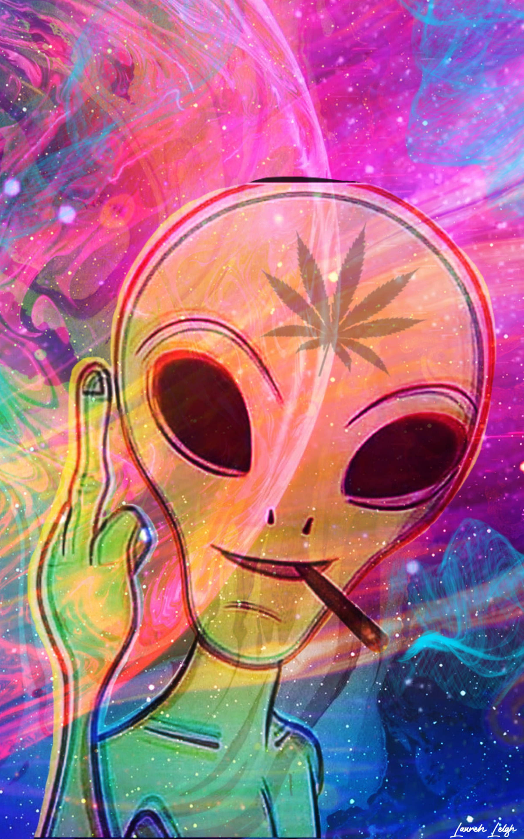 alien, cannabis leaf tattoo, joint, 2K Phone Wallpaper