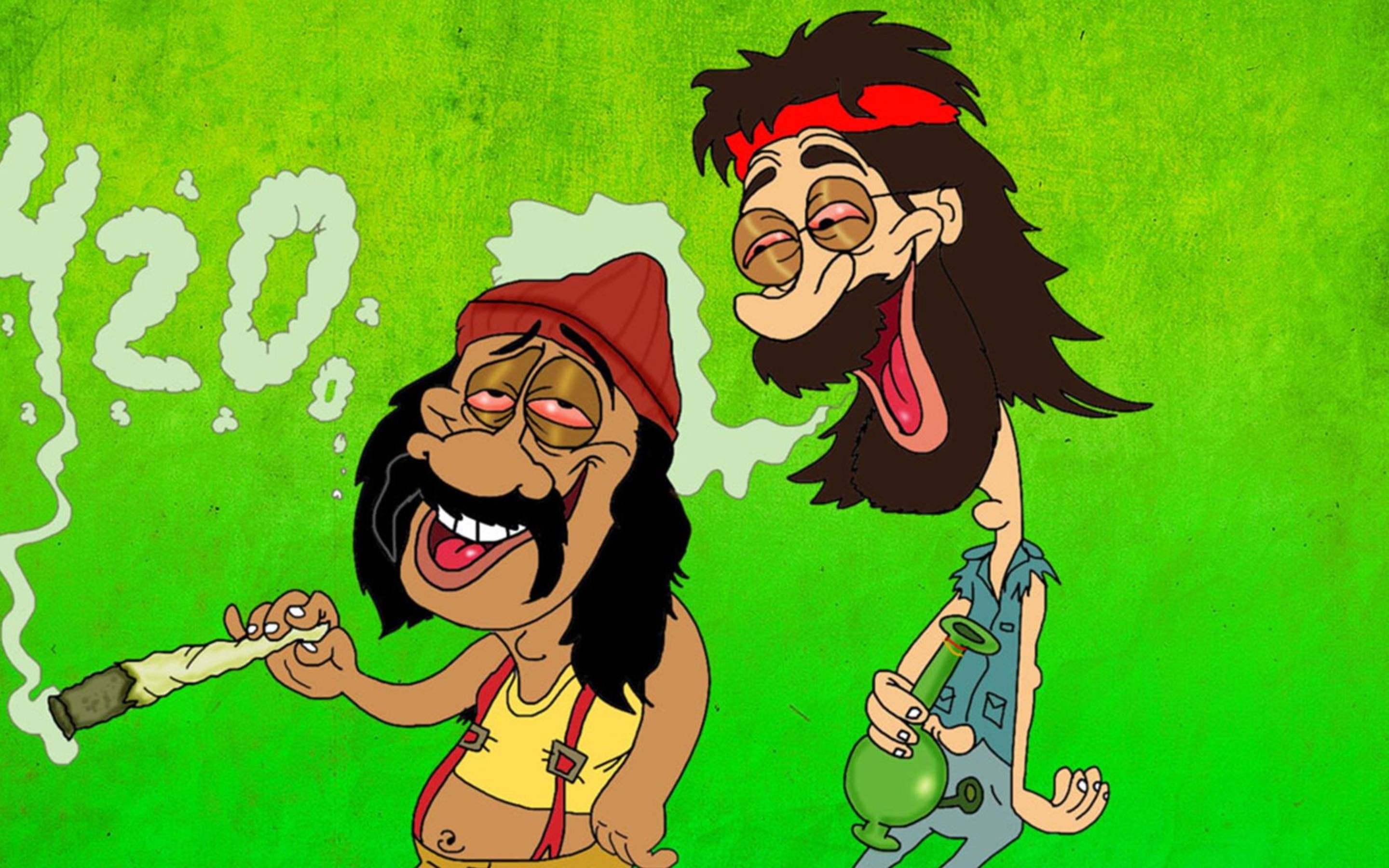 Hippies Smoking Weed Art, 420, vibrant green background, 2K Desktop Wallpaper