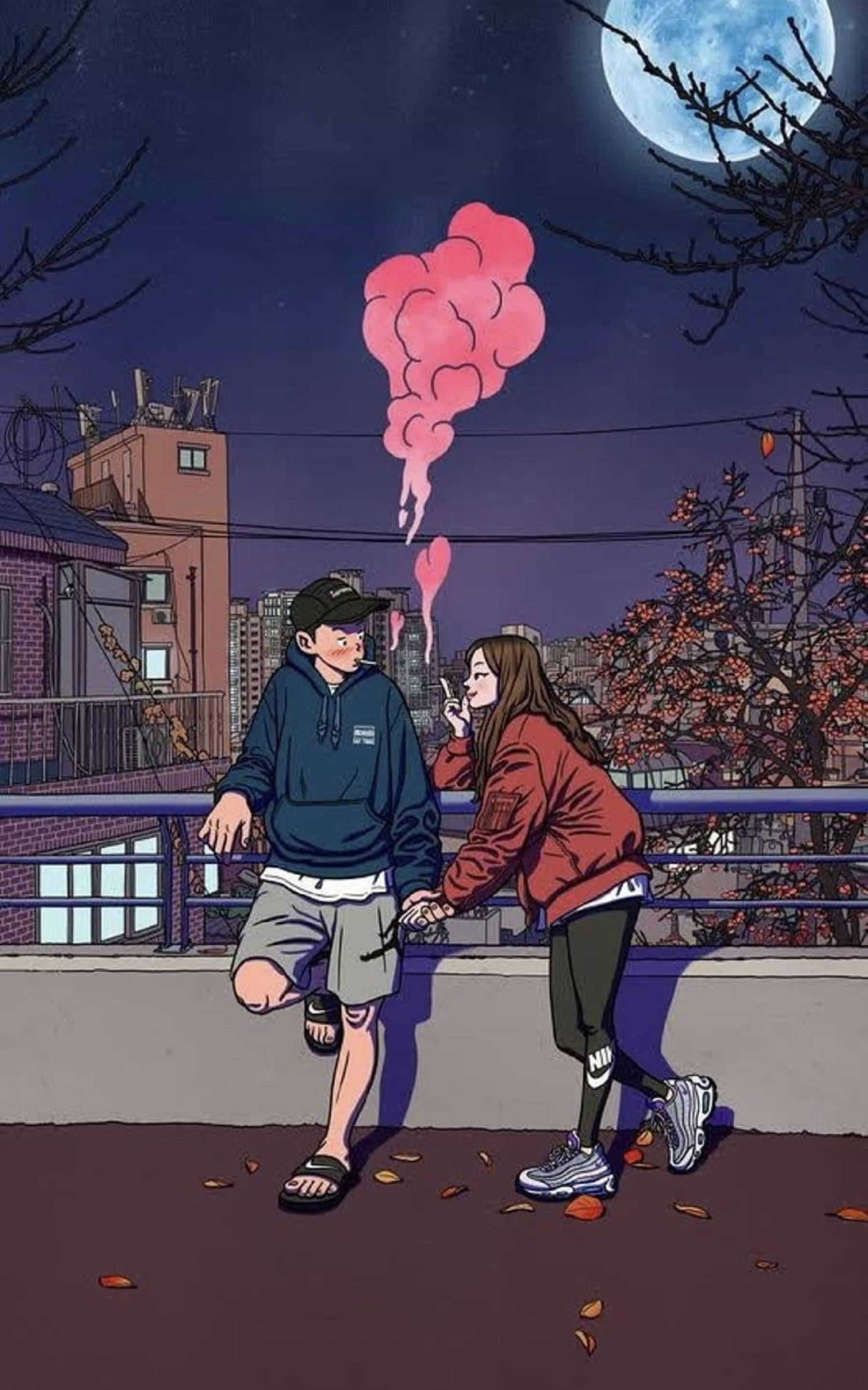 Lovers Smoking Weed, rooftop, night, 2K Phone Wallpaper