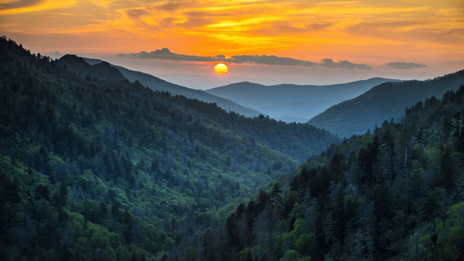 Smoky Mountains, yellow sunset, orange sky, HD Desktop Wallpaper