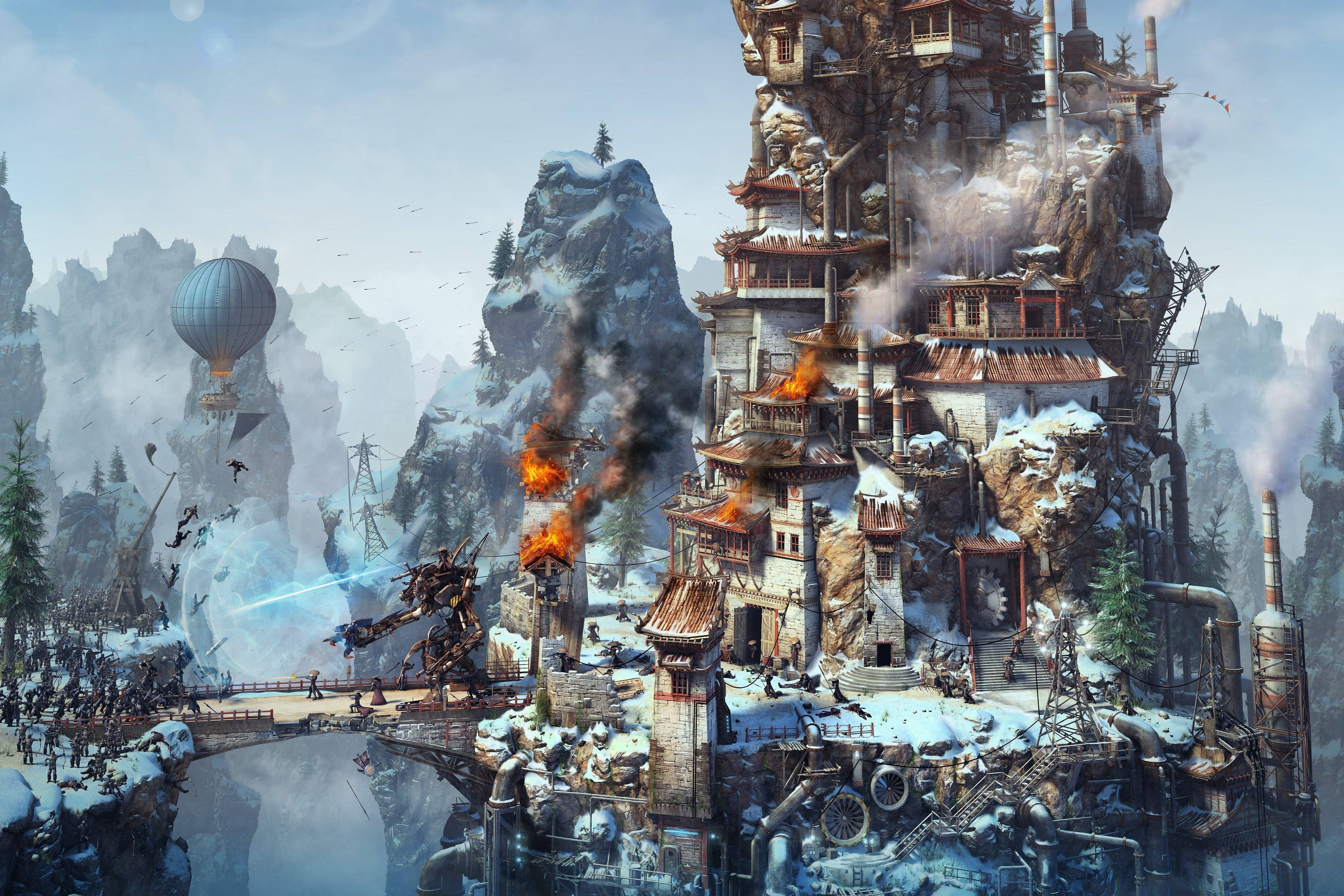 steampunk mountain building, snow-covered mountain fortress, burning towers, 4K Desktop Wallpaper