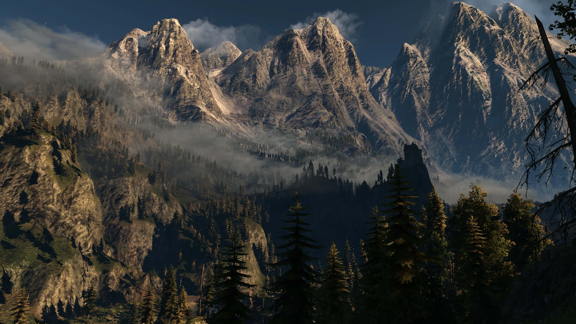 misty mountain forest landscape, jagged peaks, misty valleys, Full HD Desktop Wallpaper