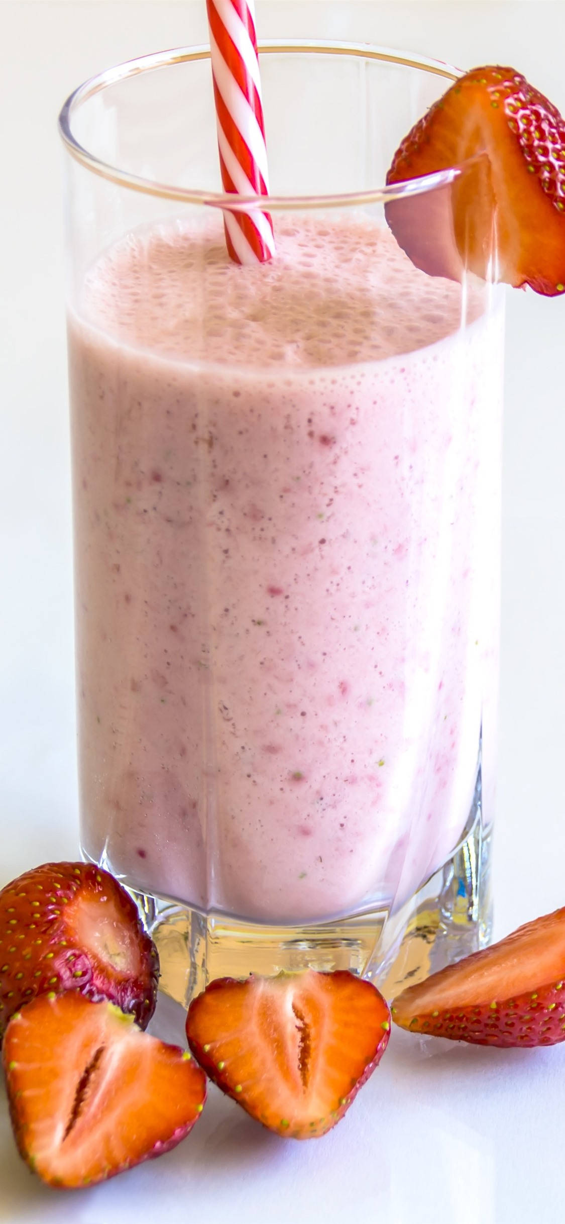 strawberry milk smoothie, pink strawberry smoothie, red and white striped straw, Full HD Phone Wallpaper