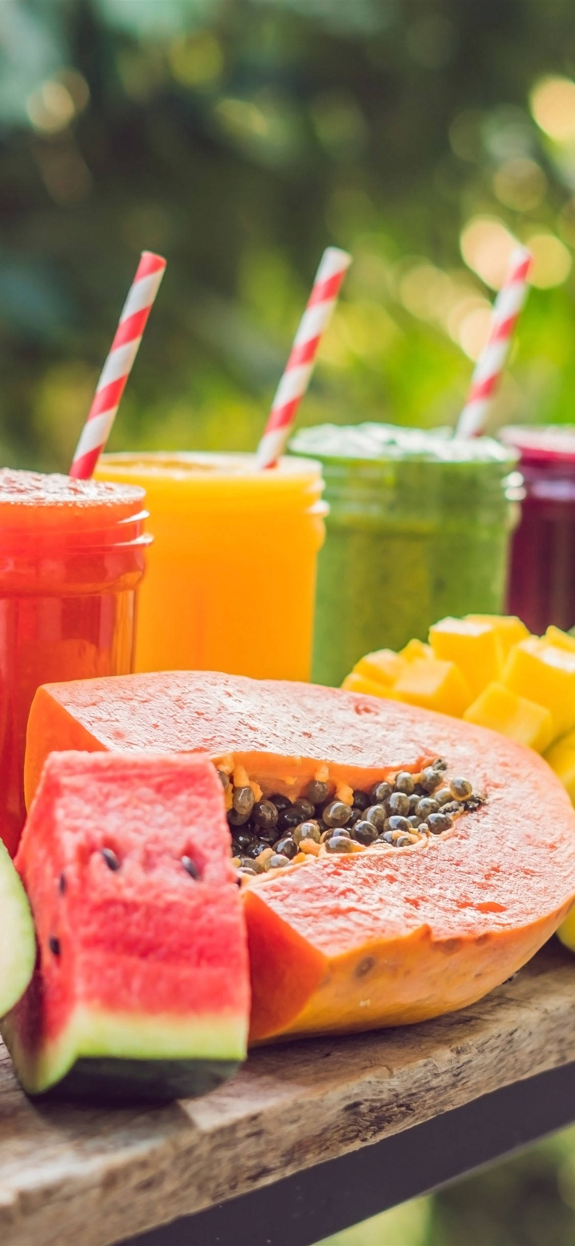 tropical fruit smoothies, glass jars, striped straws, Full HD Phone Wallpaper