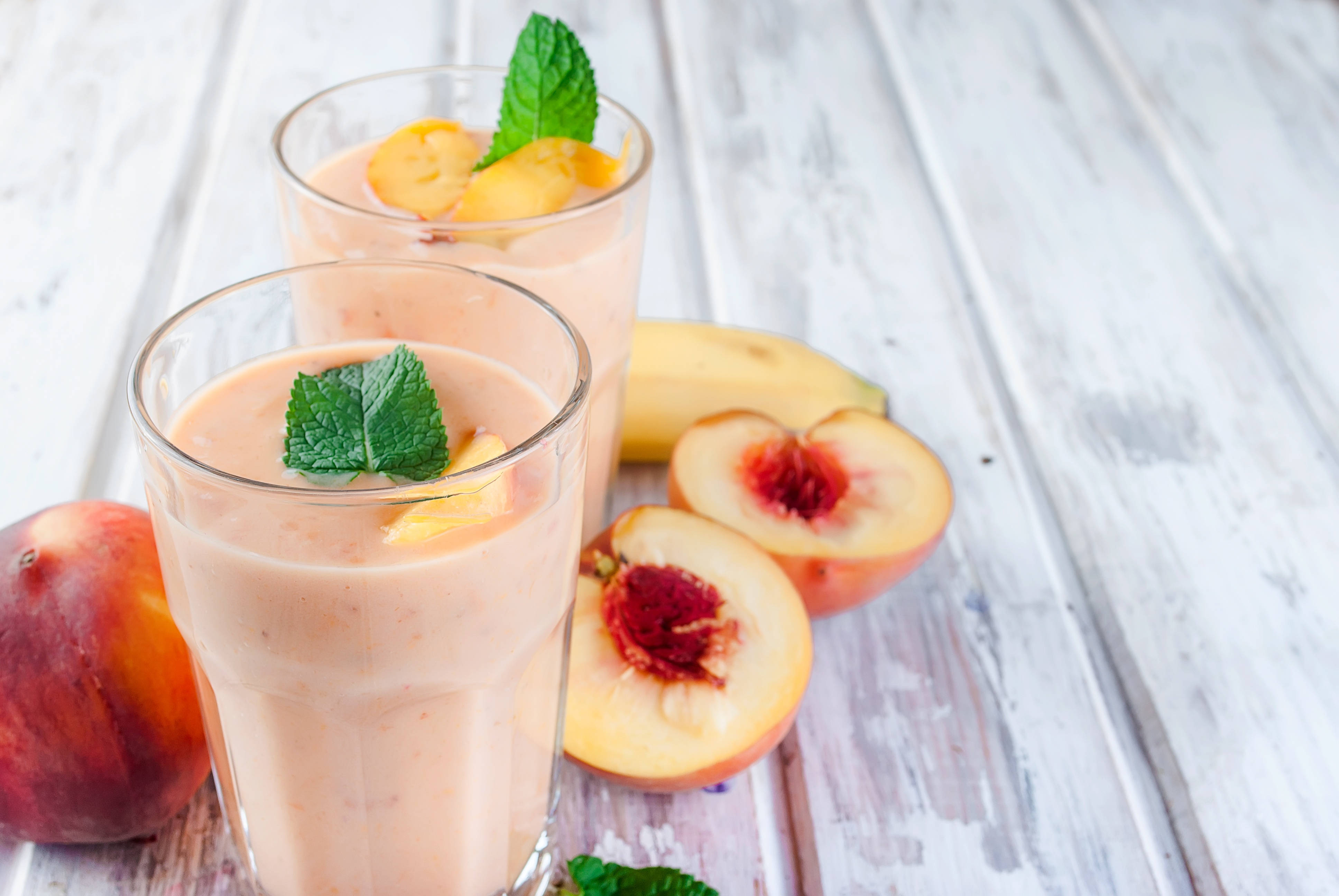 peach banana smoothie, mint, fruit slices, 4K Desktop Wallpaper