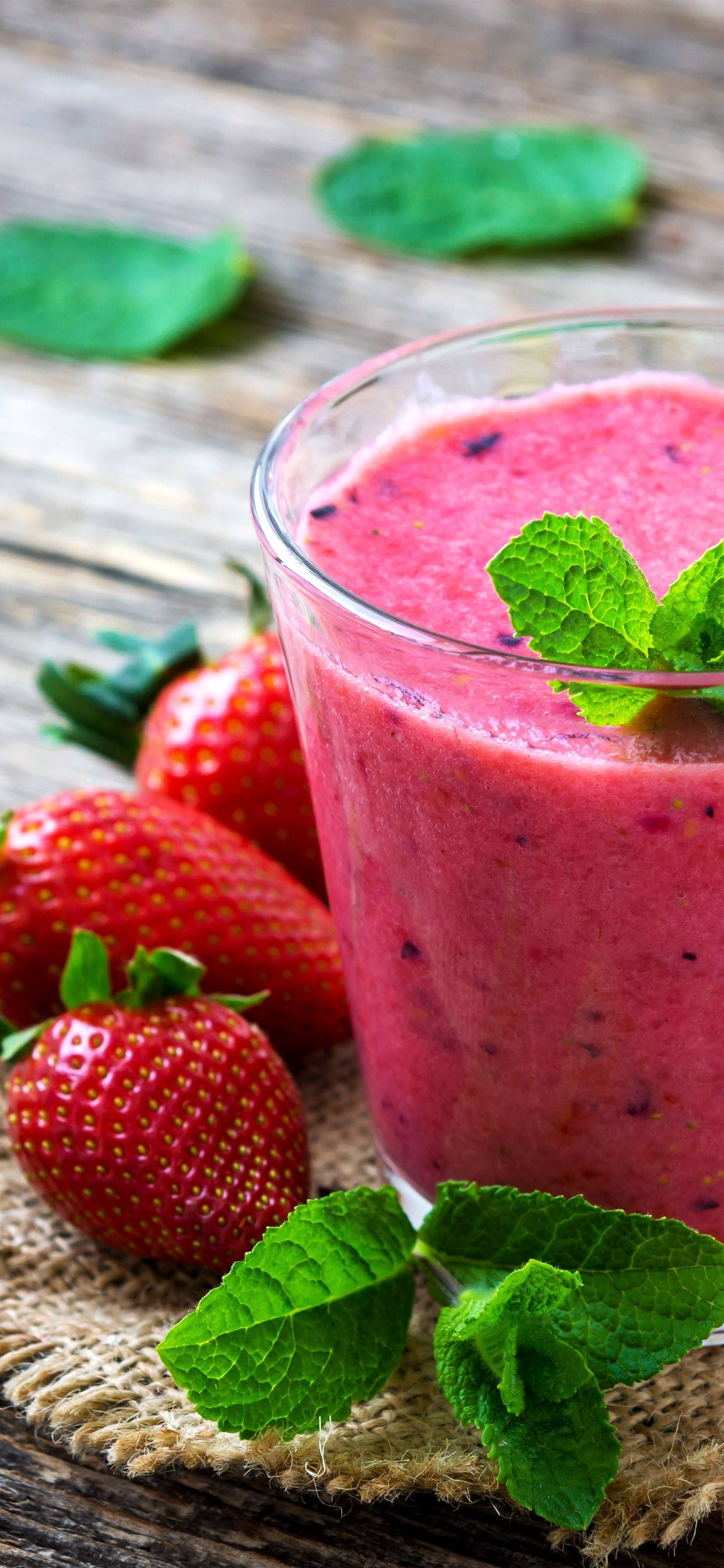 strawberry, mint leaves, vibrant pink, 2K Phone Wallpaper