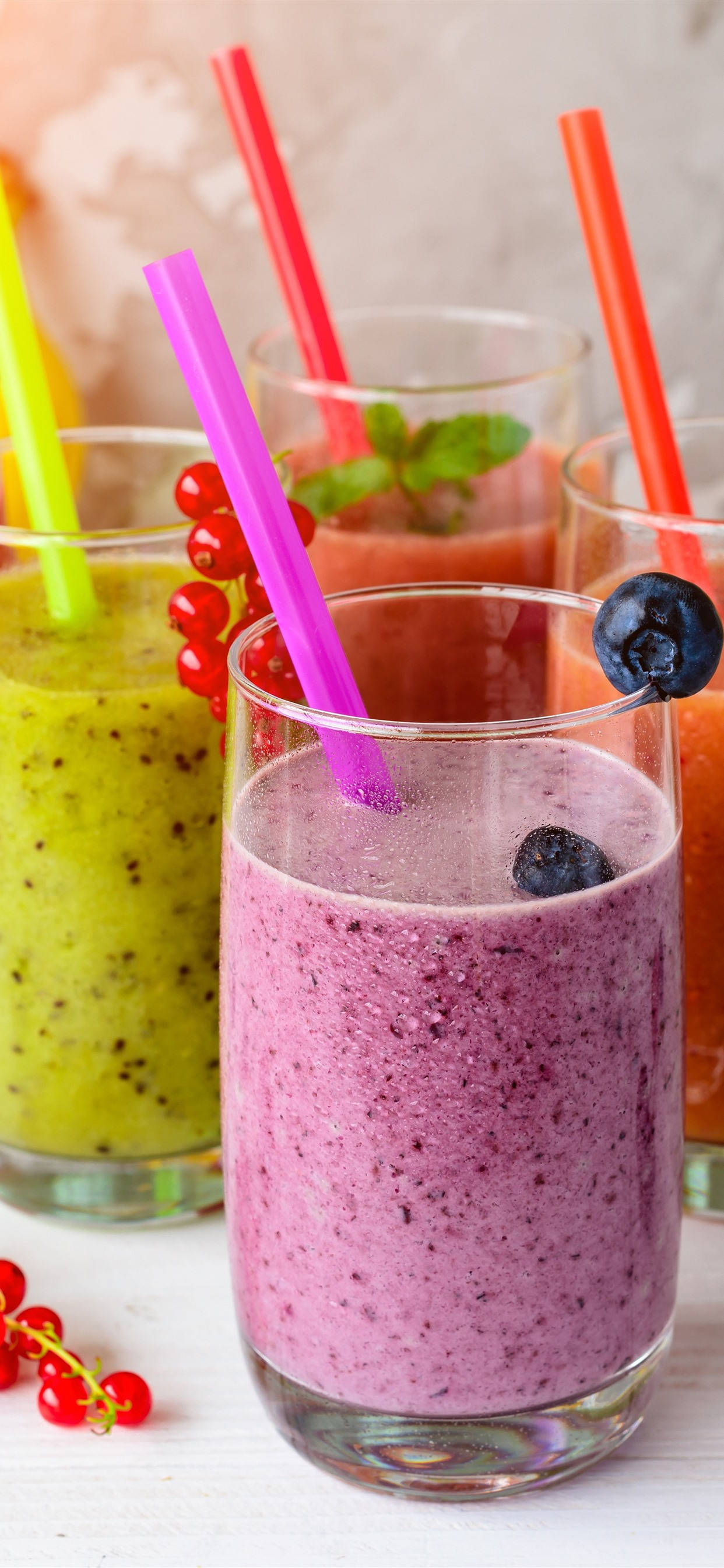 Smoothie, clear glasses, bright straws, 2K Phone Wallpaper