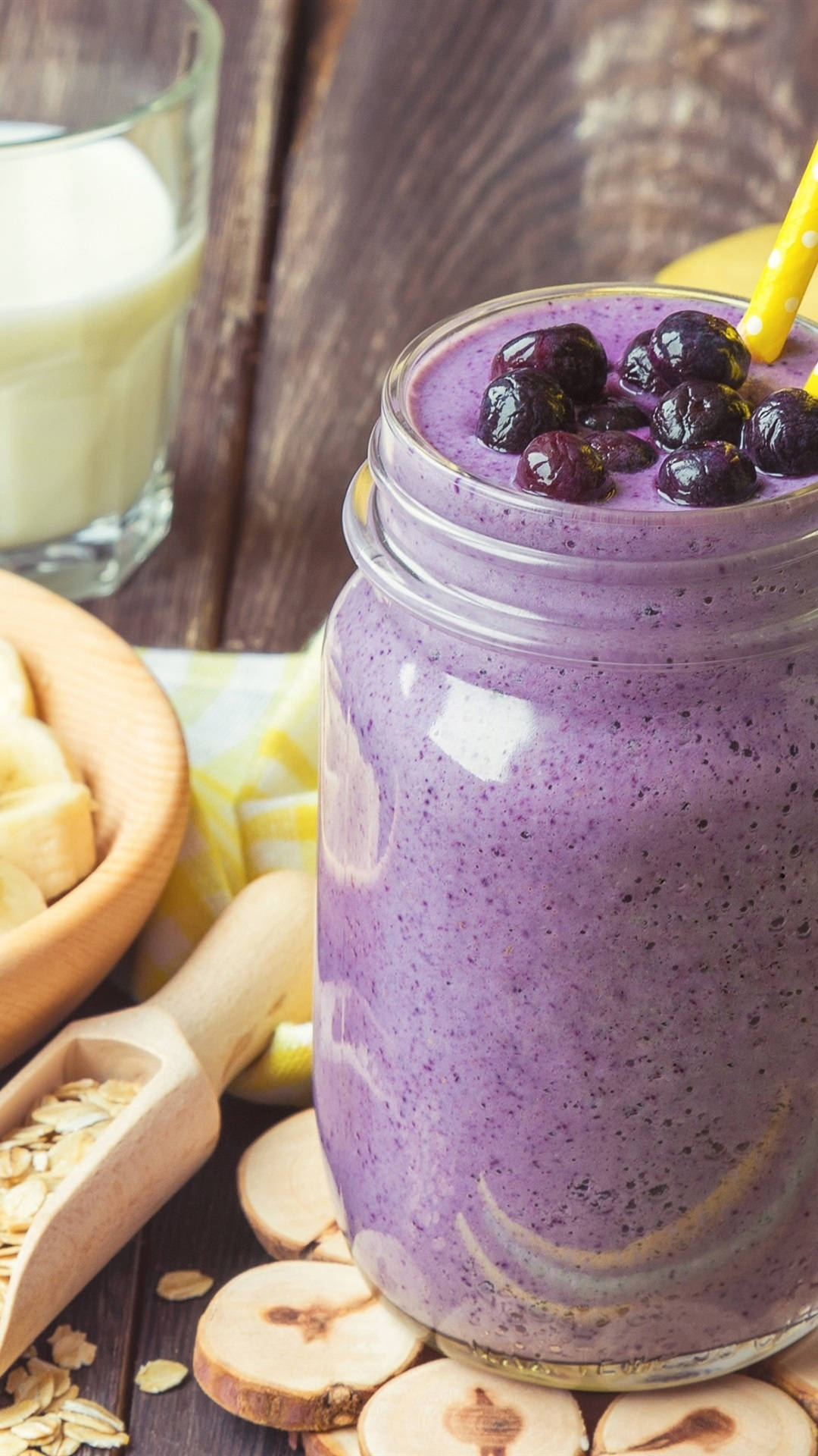 purple blueberry smoothie, glass jar, fresh blueberries, Full HD Phone Wallpaper