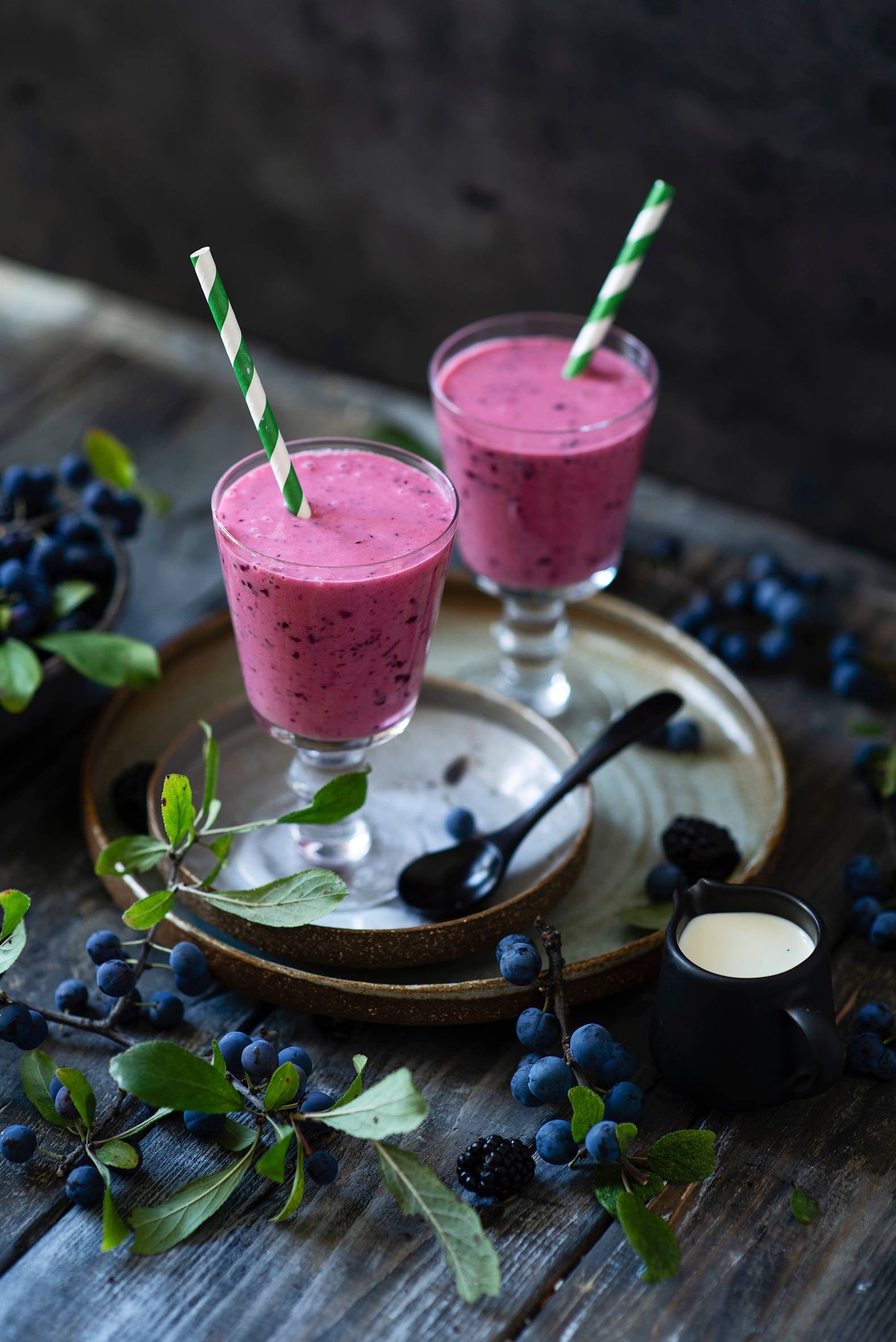 blueberry smoothie, glass cups, striped straws, Full HD Phone Wallpaper