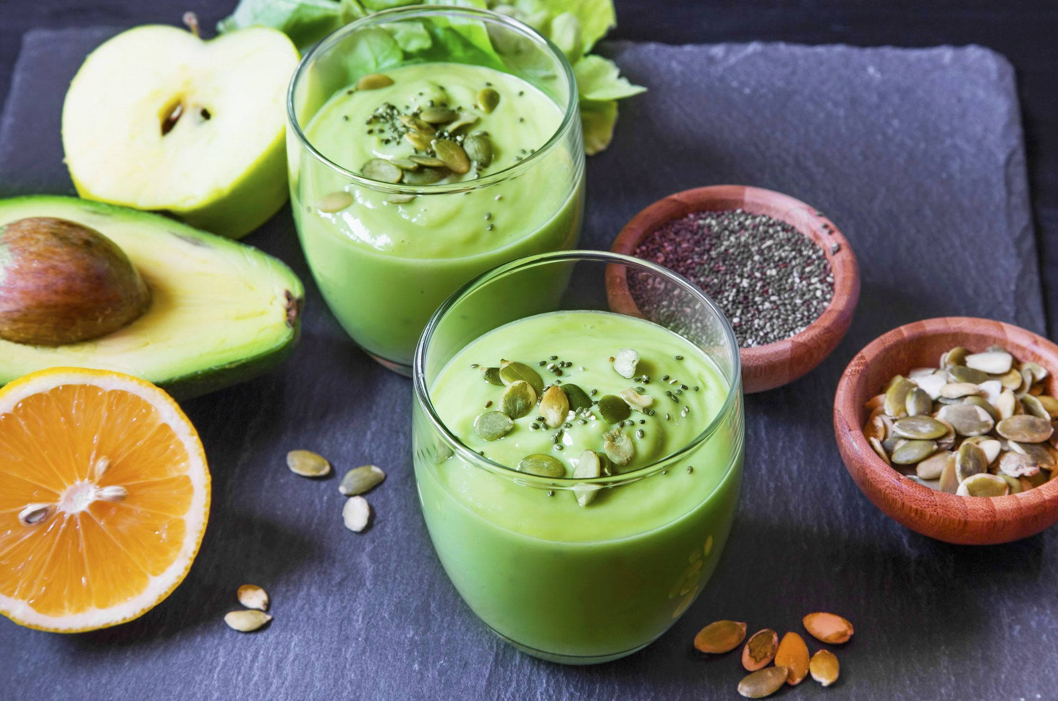 vibrant green smoothie, pumpkin seeds, chia seeds, Full HD Desktop Wallpaper