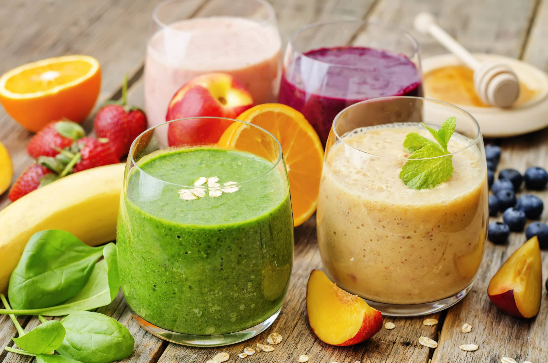 healthy smoothie drinks, vibrant smoothies, glasses, Full HD Desktop Wallpaper
