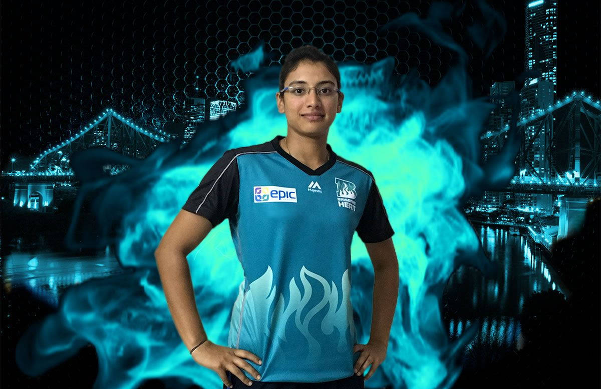 Smriti Mandhana, blue jersey, glowing blue flames, SD Desktop Wallpaper
