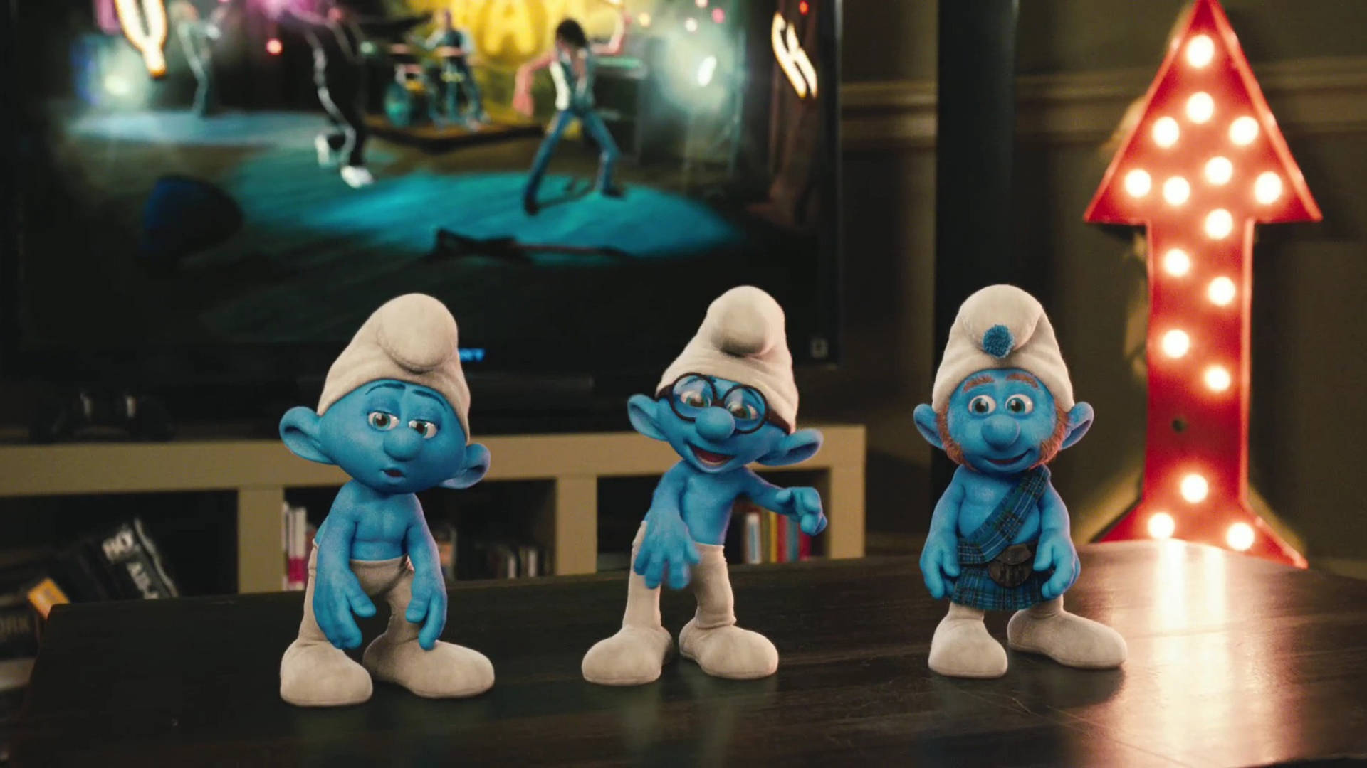 The Smurfs, blue Smurf figurines, dark table, Full HD Desktop Wallpaper