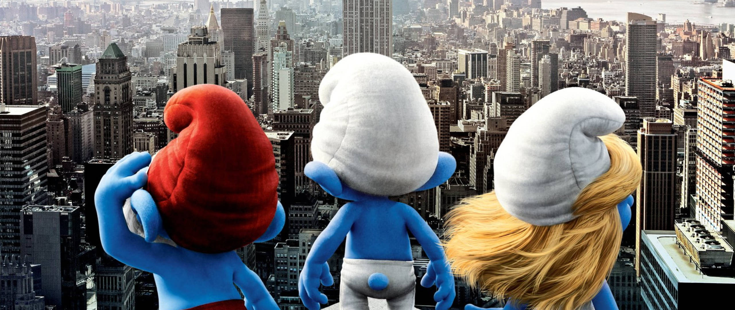 The Smurfs, red white and blonde hats, cityscape, 2K Desktop Wallpaper