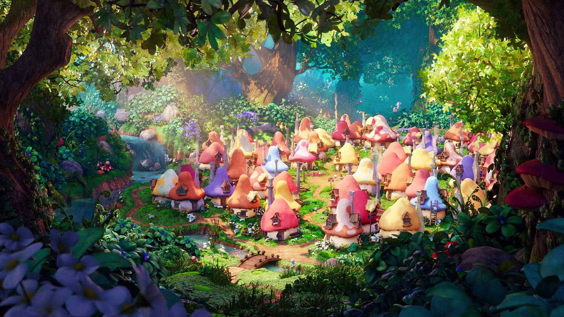 The Smurfs, fantasy village, mushroom houses, Full HD Desktop Wallpaper
