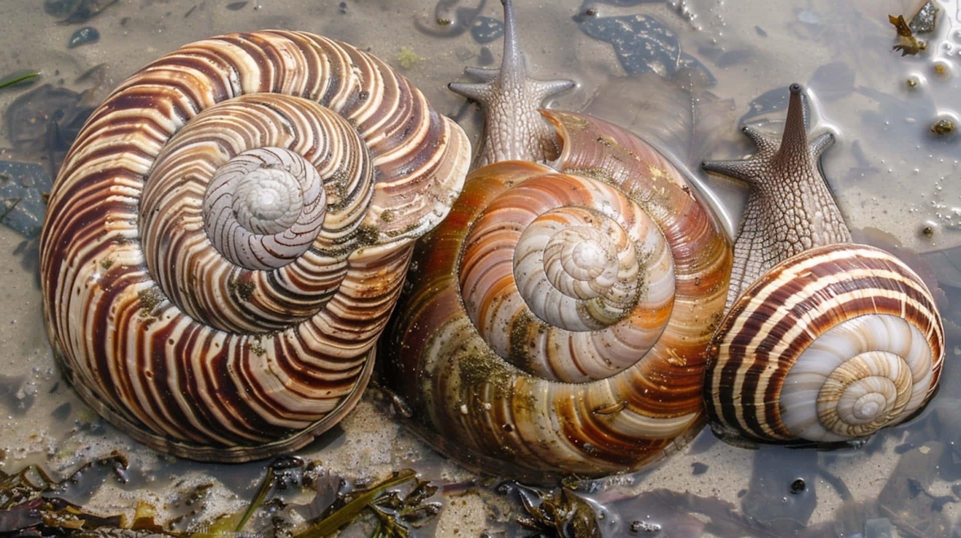 volute snails, natural habitat, shallow murky water, Full HD Desktop Wallpaper