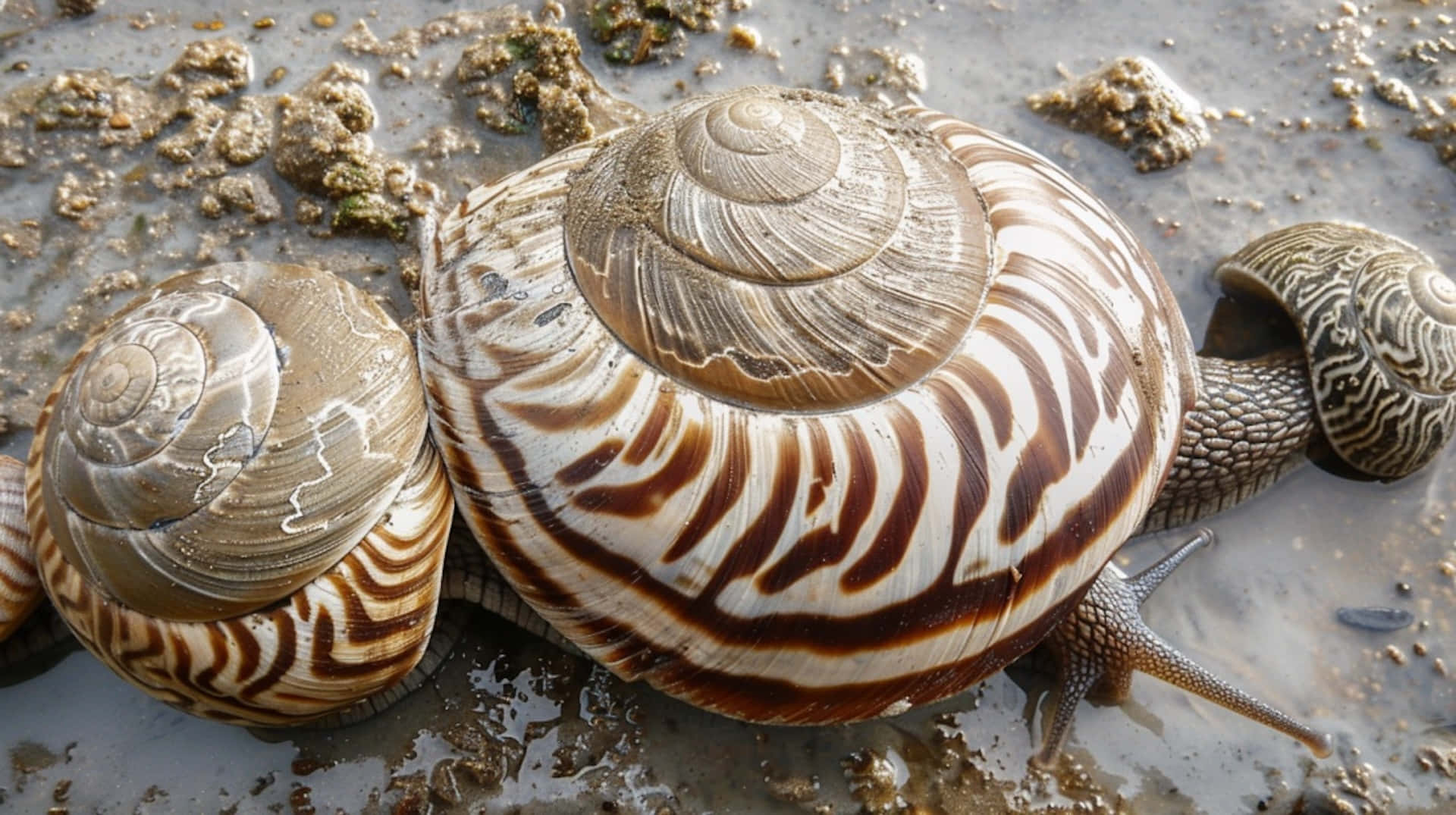 volute snail, wet sand, brown and white striped shells, Full HD Desktop Wallpaper