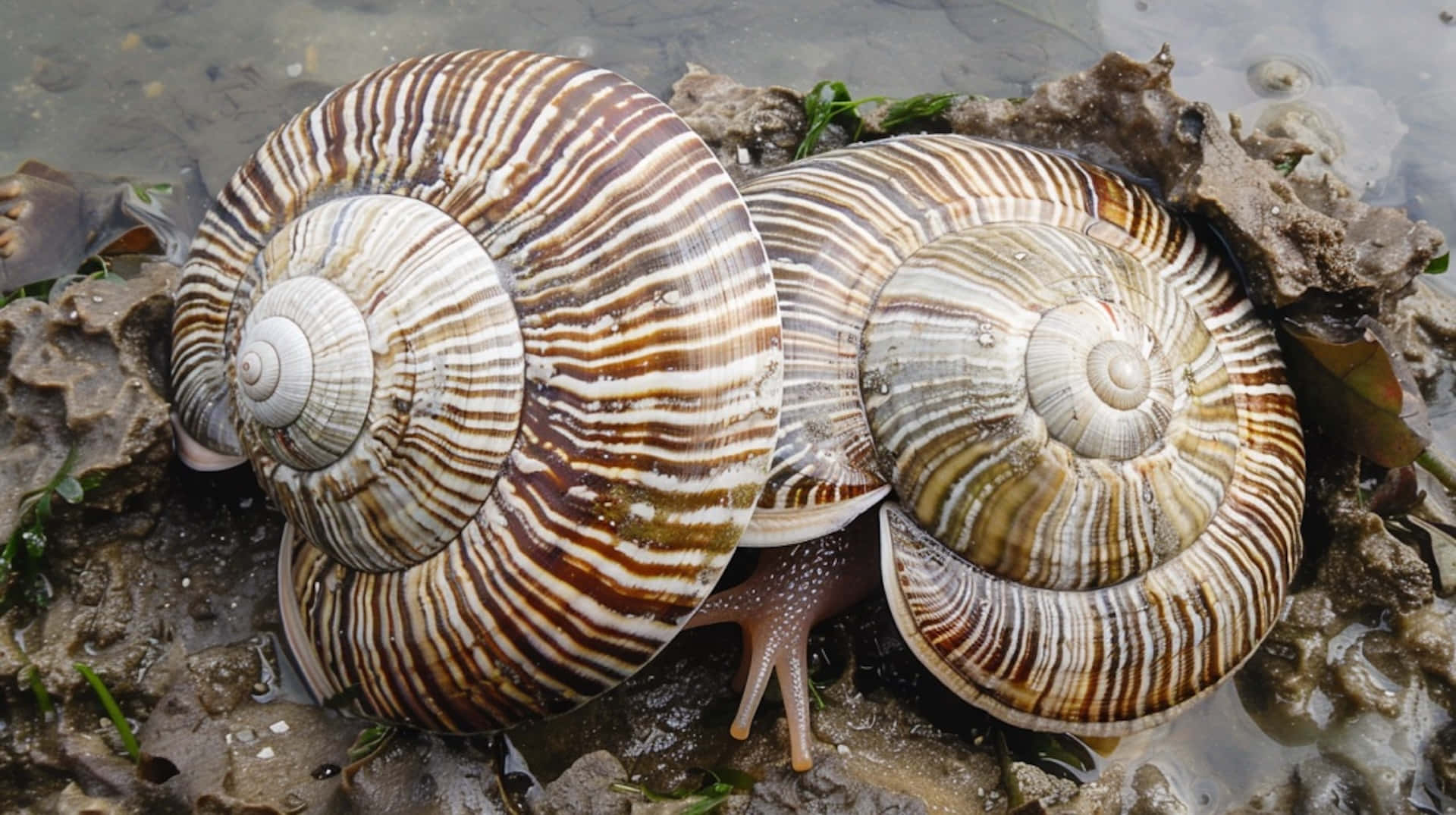 volute snails, brown and white striped shells, wet rocks, Full HD Desktop Wallpaper