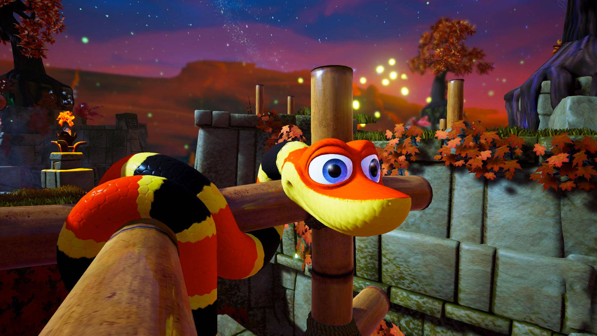 Snake Game Character, wooden posts, vibrant autumnal game scene, Full HD Desktop Wallpaper