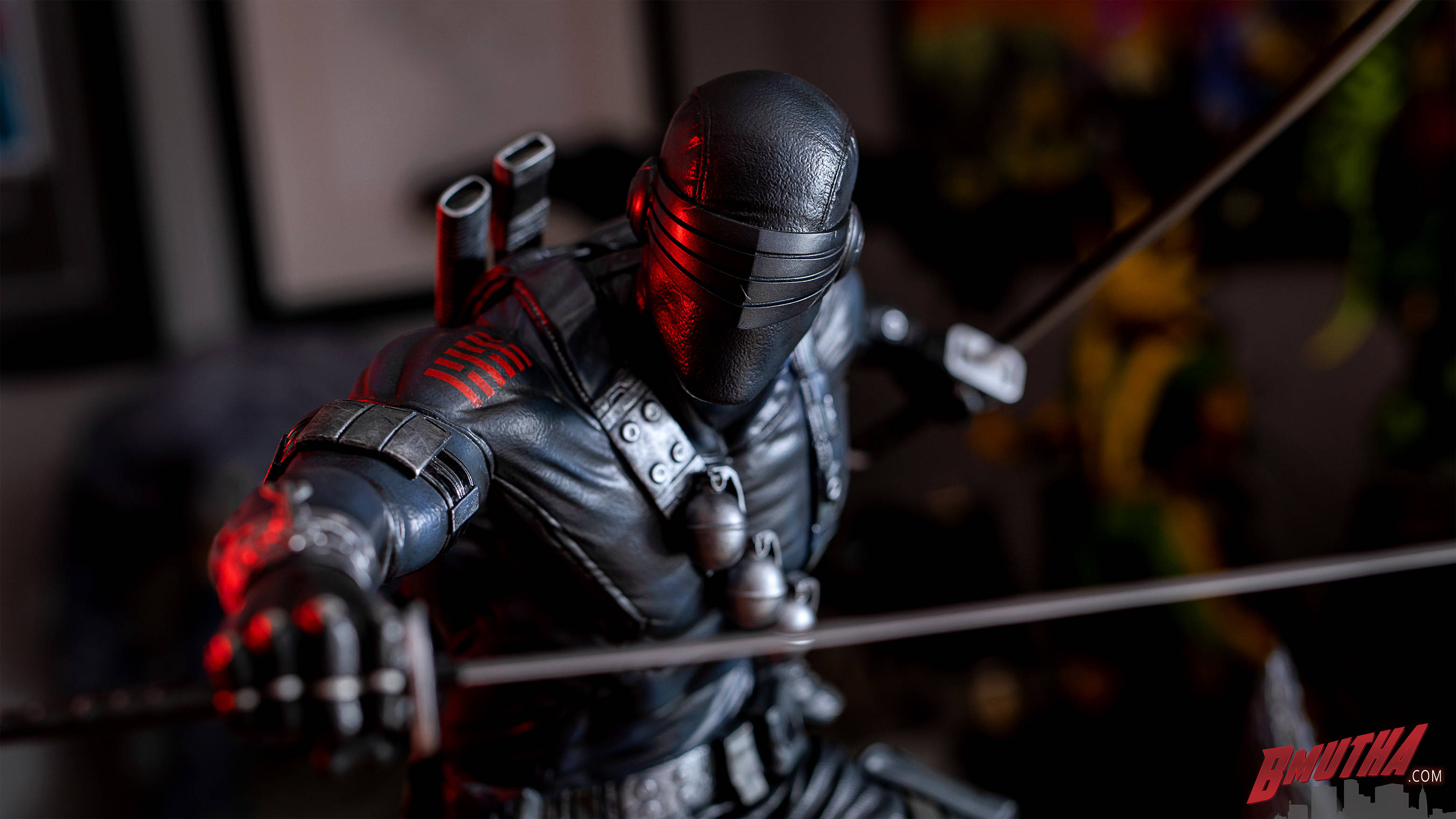 Snake Eyes, black ninja figurine, red glowing accents, 2K Desktop Wallpaper