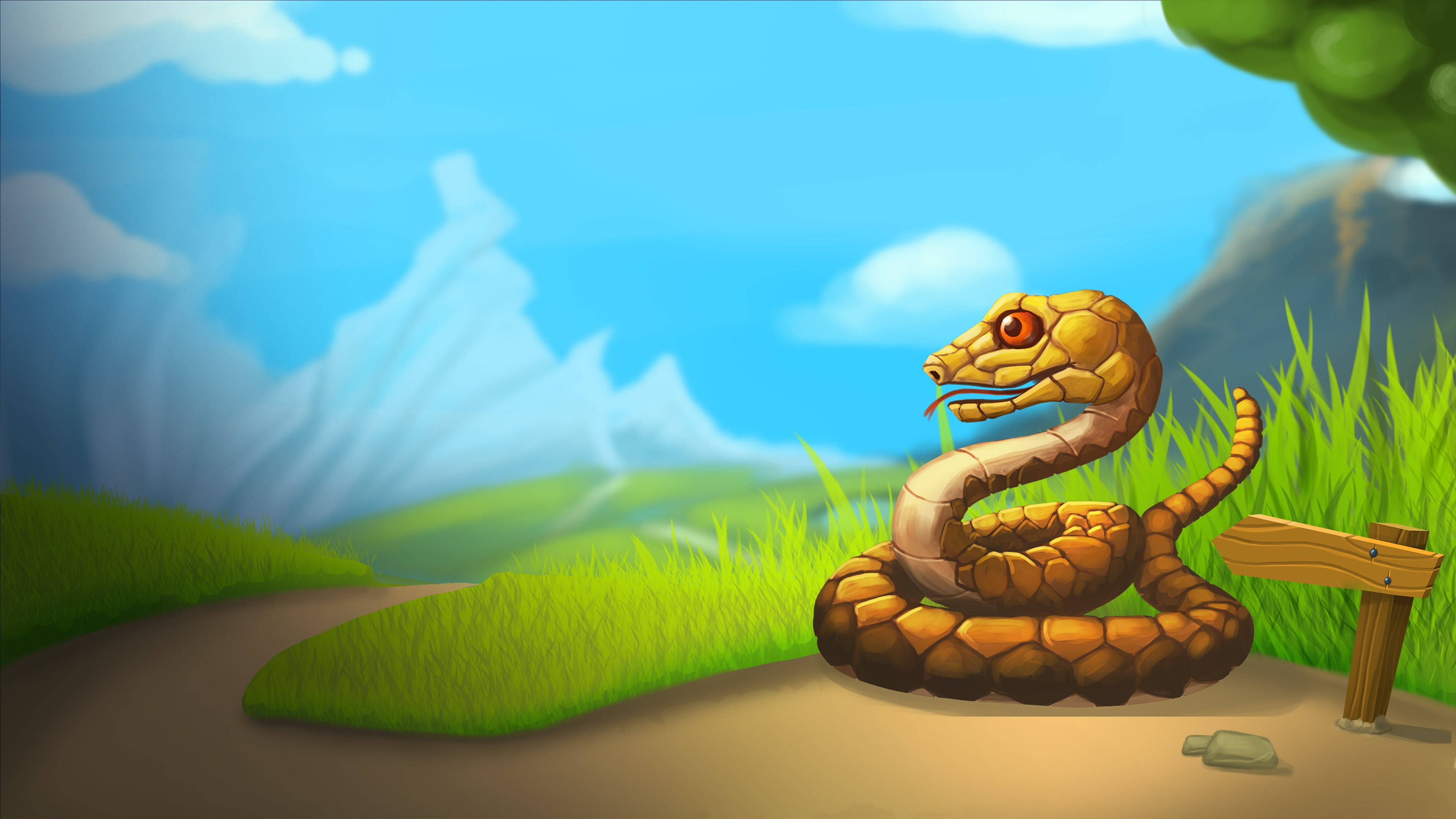 golden snake, wooden signpost, grassy trail, 4K Desktop Wallpaper