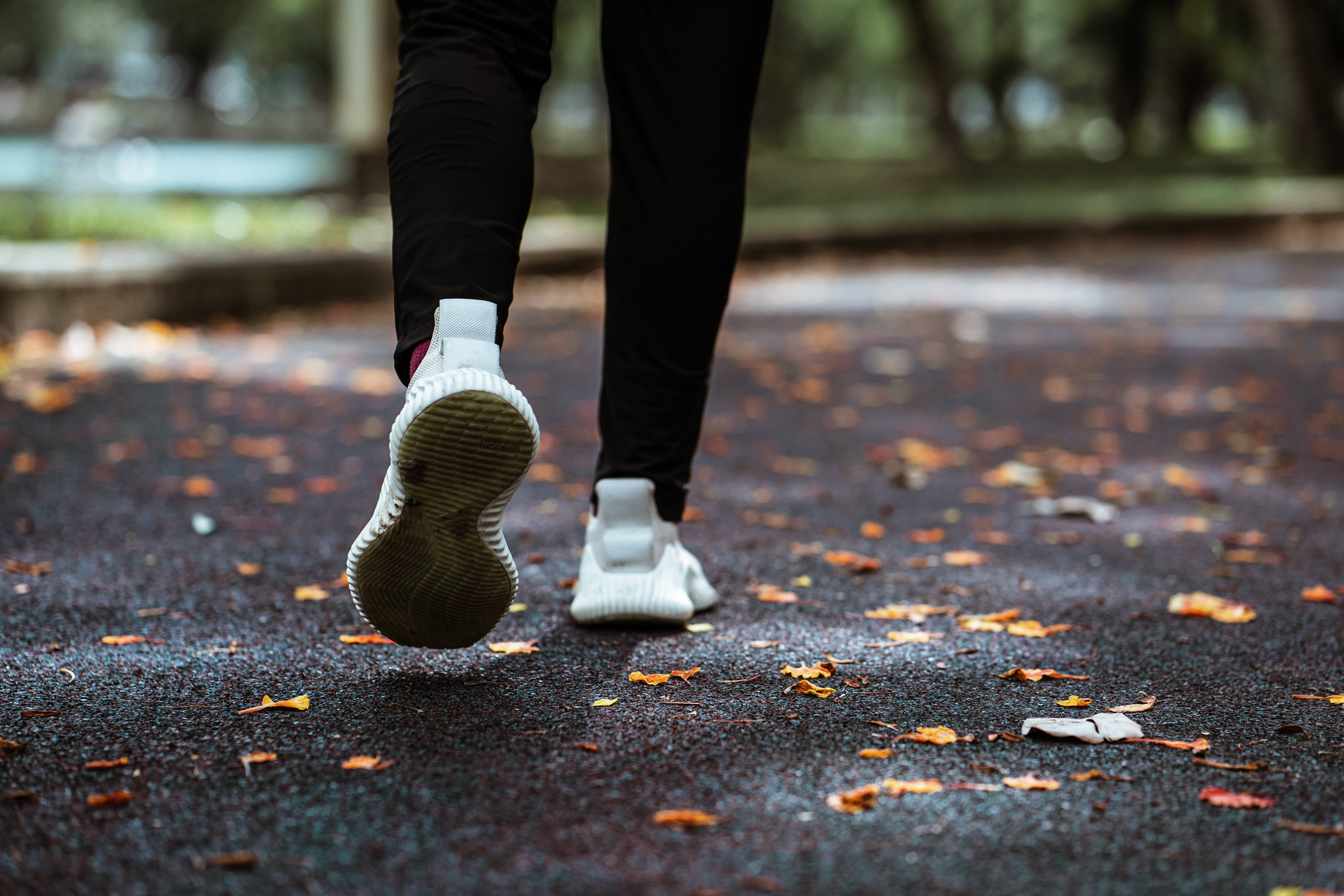white sneakers, wet path, fallen autumn leaves, 5K Desktop Wallpaper