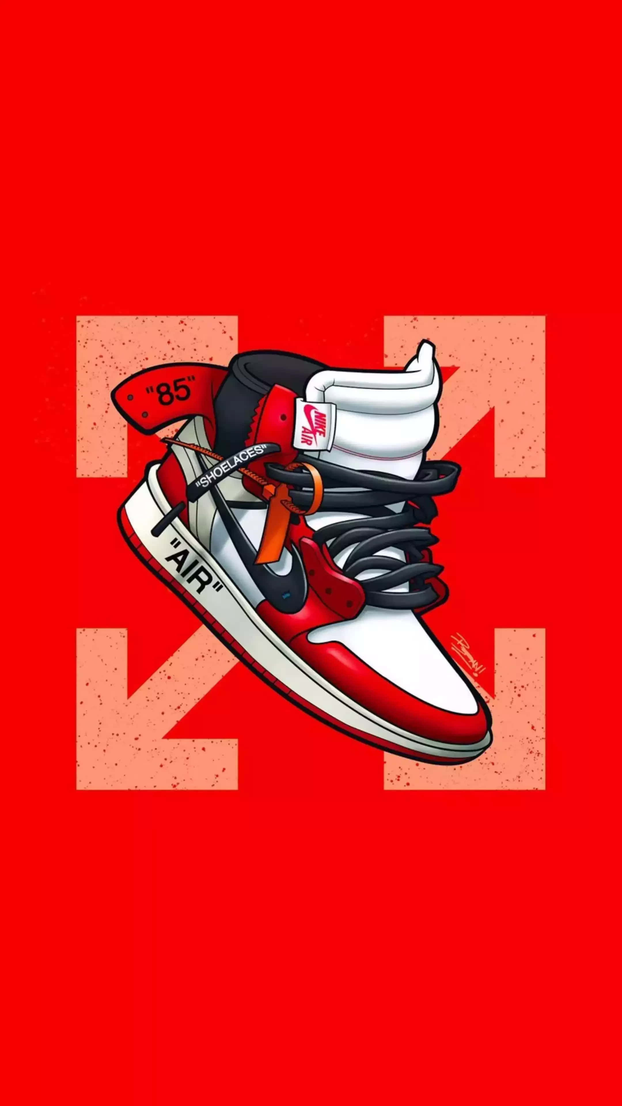 Sneakerhead, red white and black high-top sneaker, orange laces, 4K Phone Wallpaper