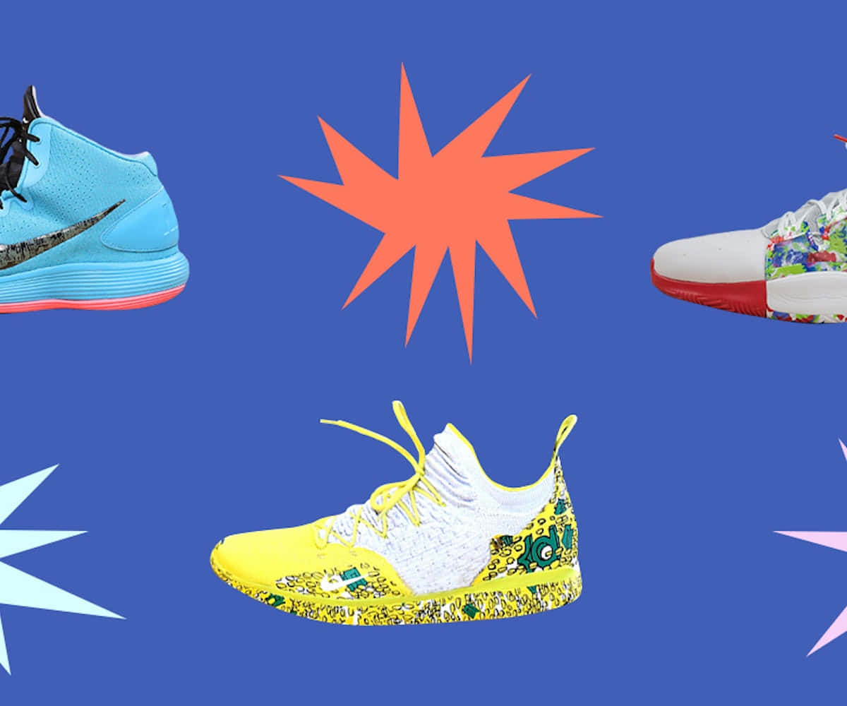 Sneakerhead, blue background, orange and white starburst graphics, SD Desktop Wallpaper