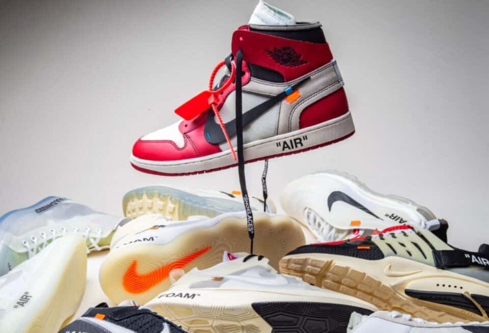 red white and black high-top sneaker, designer sneakers, plain gray background, SD Desktop Wallpaper