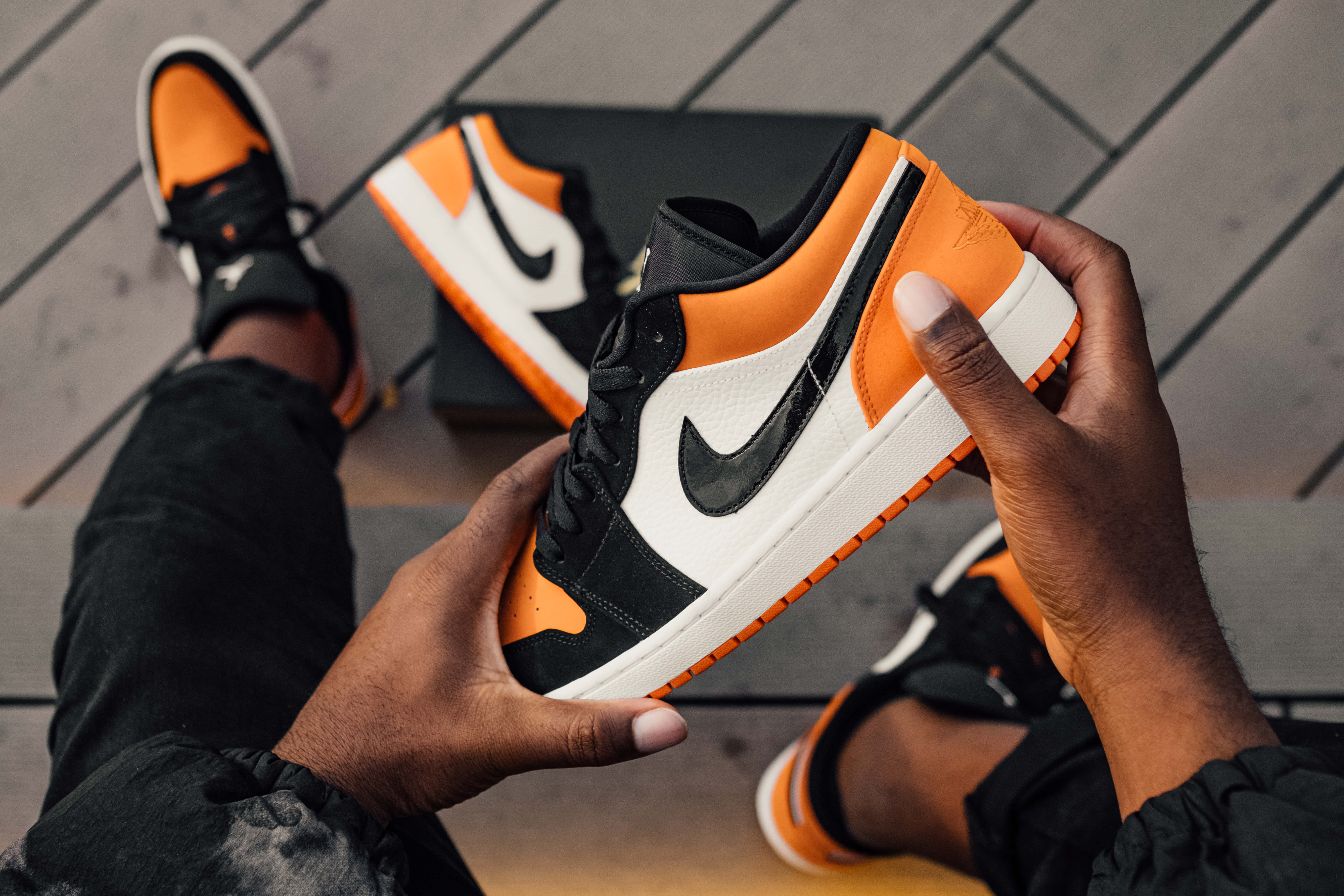 Sneakerhead, black orange and white sneaker, shoe on foot, 5K Desktop Wallpaper