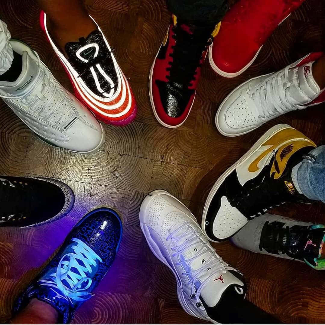 Sneakerhead, colorful sneakers, wooden floor, SD Desktop Wallpaper