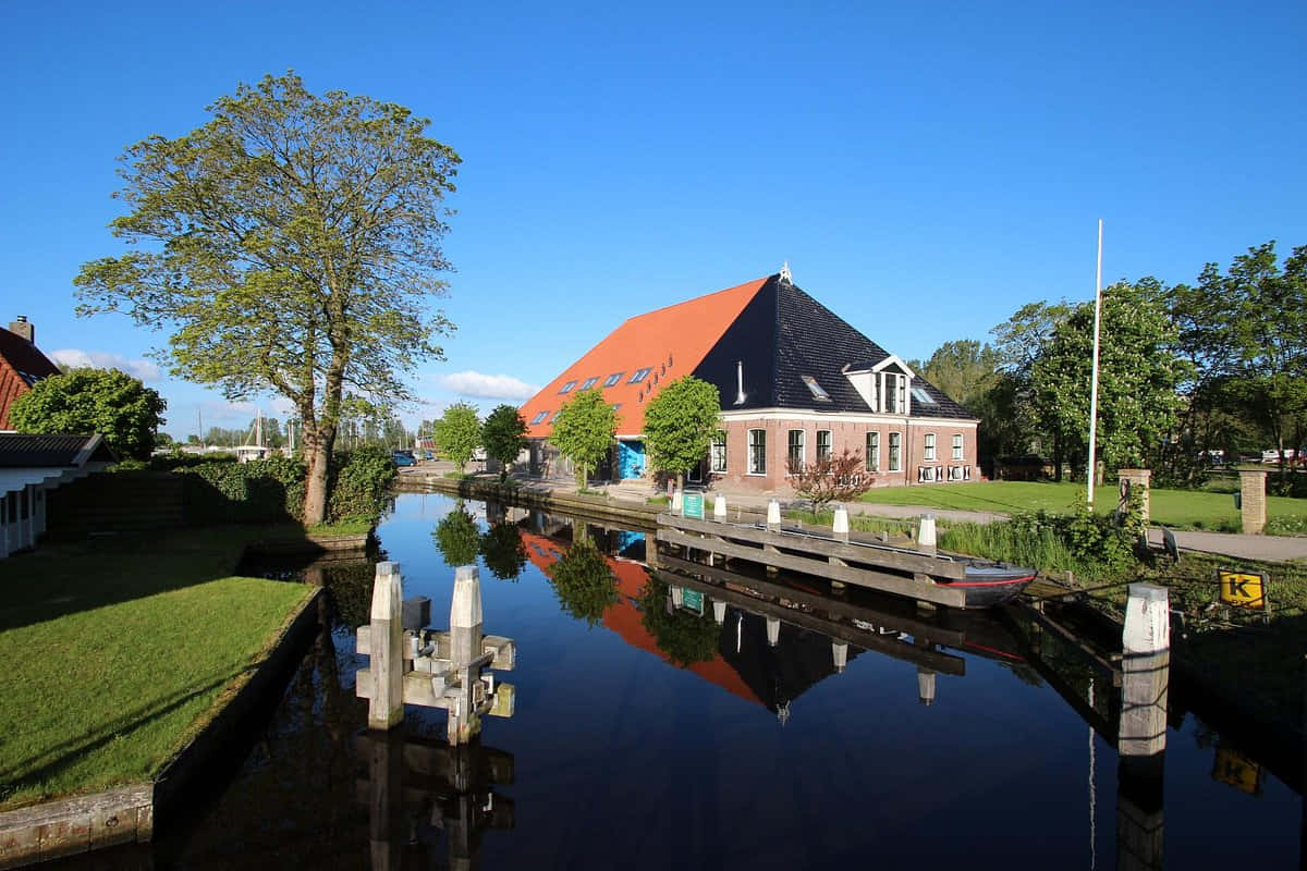 Sneek, waterway, red-roofed Dutch house, SD Desktop Wallpaper