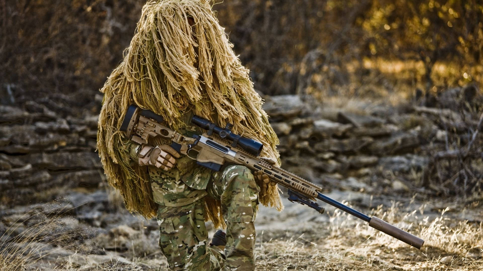 sniper, ghillie suit, scoped rifle, Full HD Desktop Wallpaper